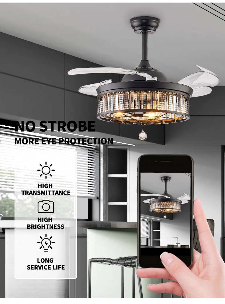 Mesh Crystal Retractable Fan Light Fixture Remote Dimmable Ventilation Lamp