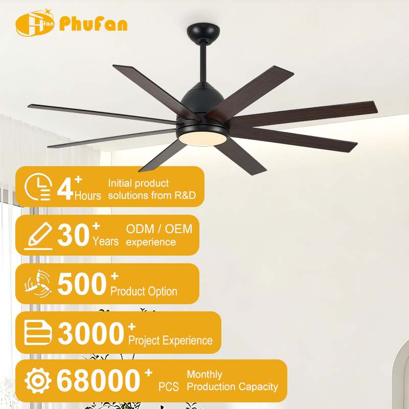 Large black fan light with eight blades and a matching downrod, shown in a bright interior illustration.