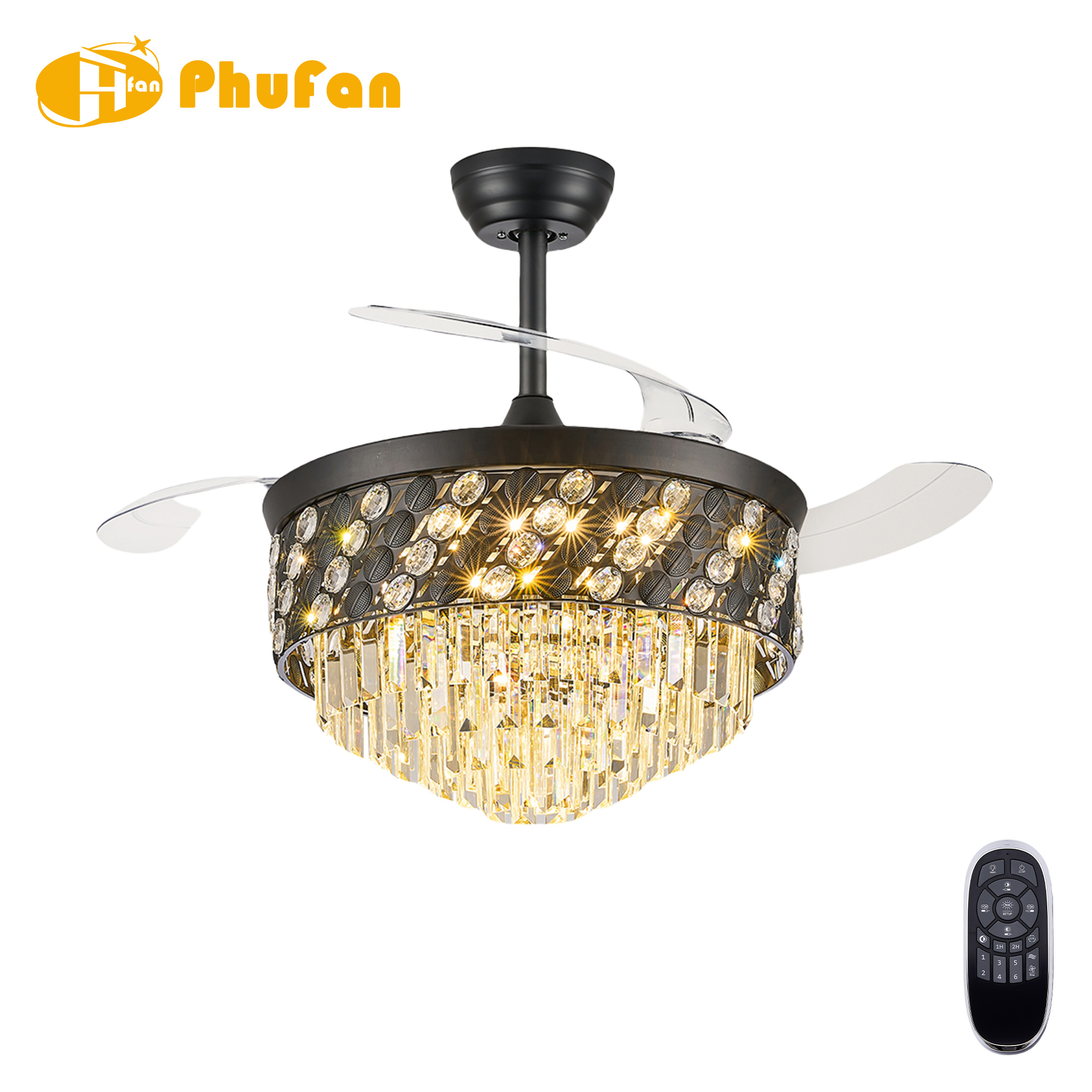 Black crystal fan light with a layered hanging crystal shade and clear retractable blades, shown beside a remote.