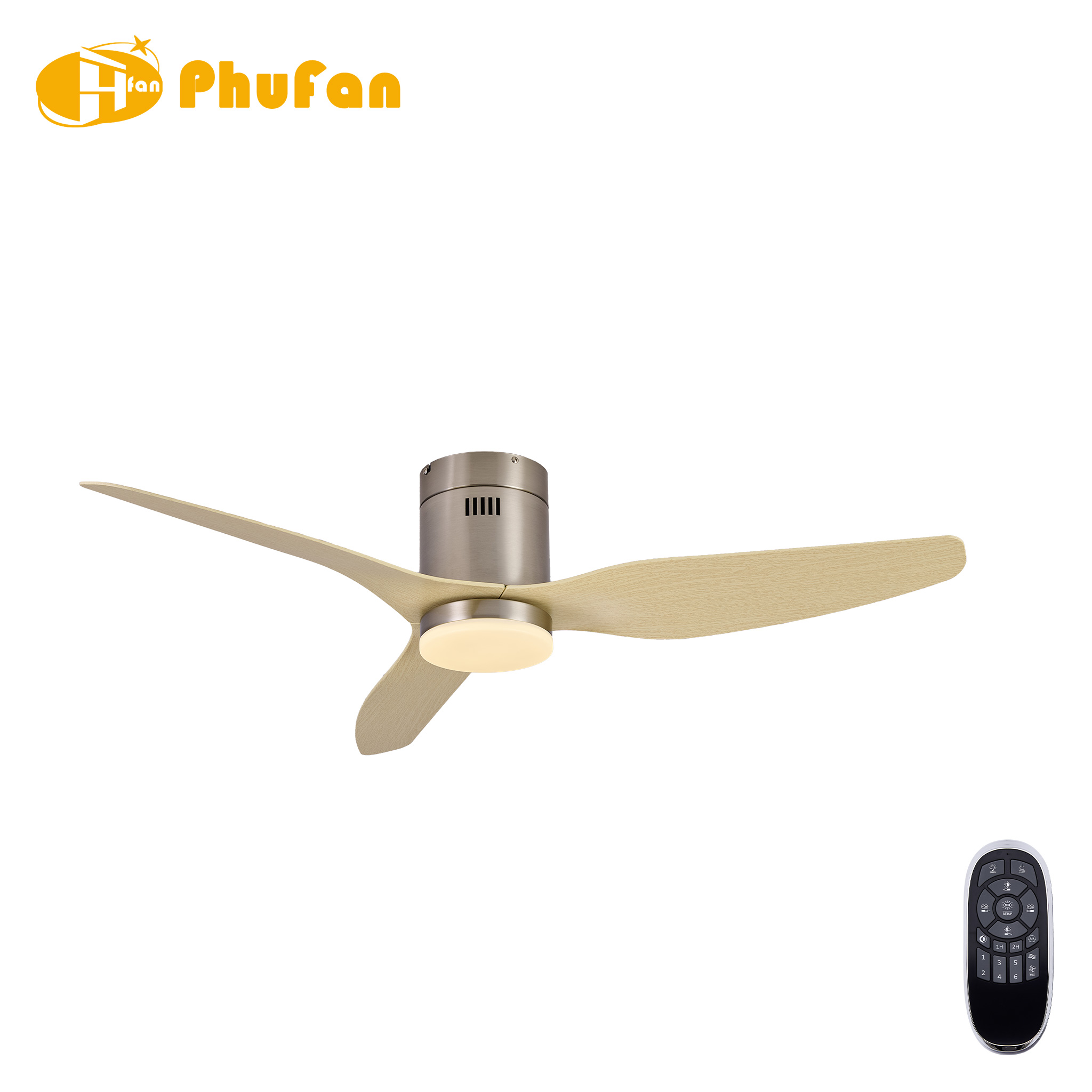 Scandinavian ceiling fan with light and DC motor, three pale wood-grain ABS blades shown from below.