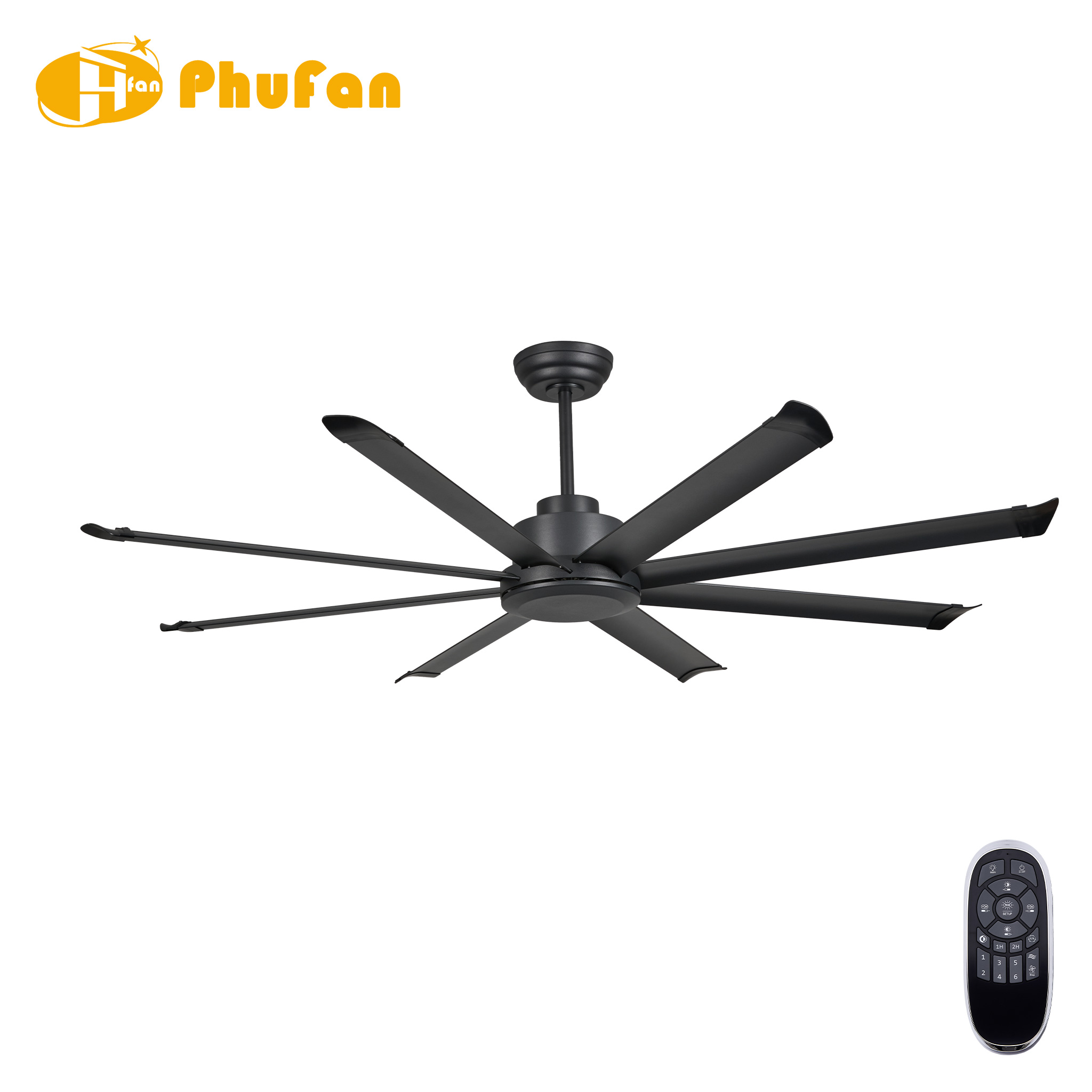 Large matte black ceiling fan without a light, with eight ABS blades and a matching downrod, beside its remote.