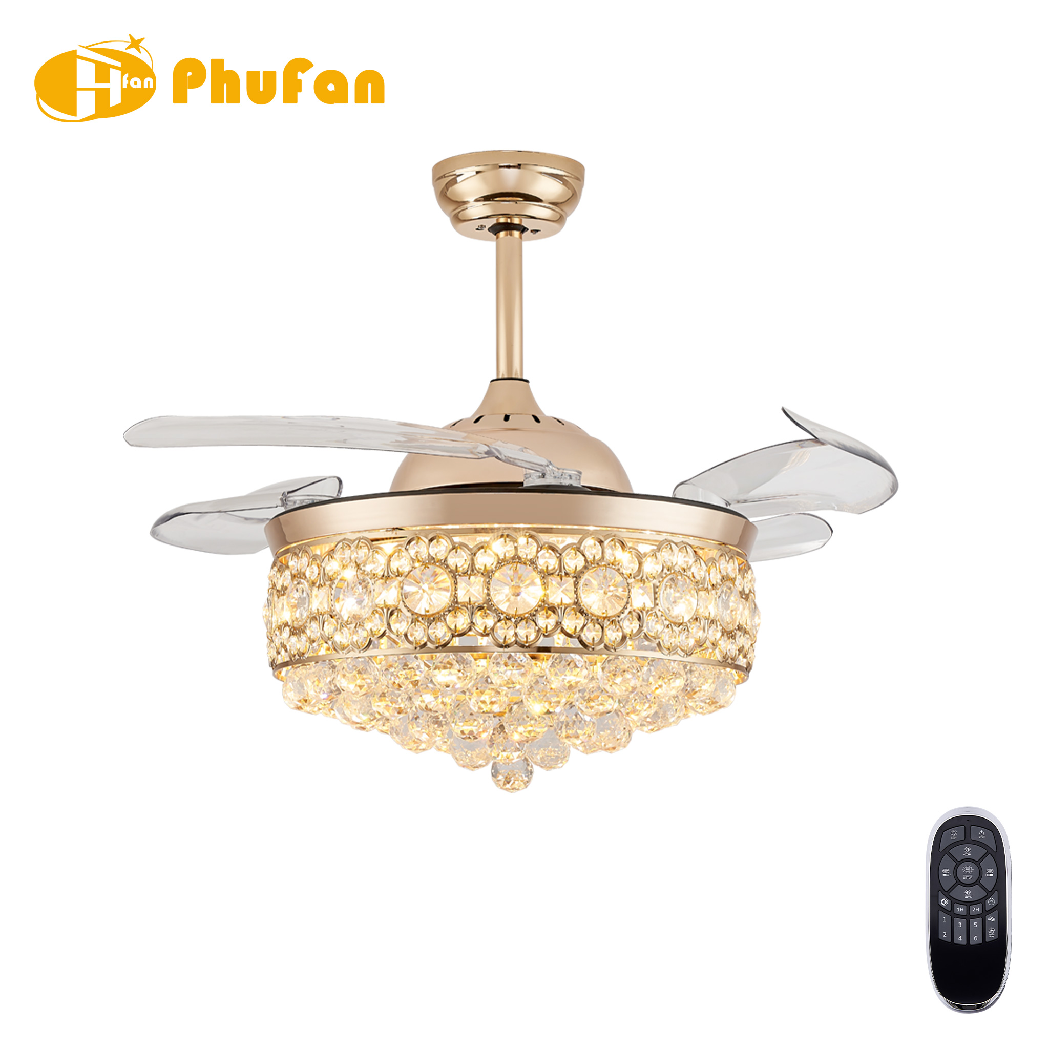 Gold crystal fan light with transparent retractable blades and a rounded crystal drum shade, shown beside its remote.