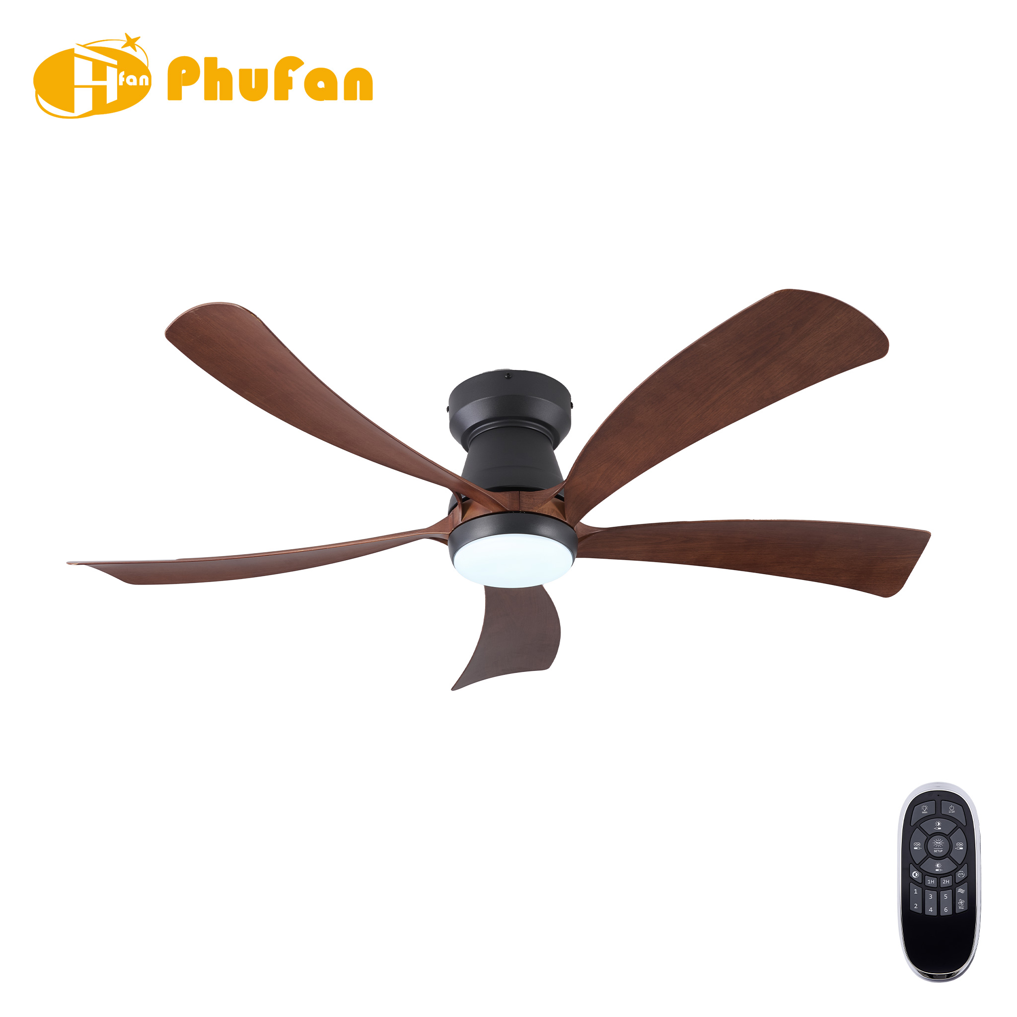 Low profile rustic ceiling fan with light, five curved wood-grain blades and black housing.