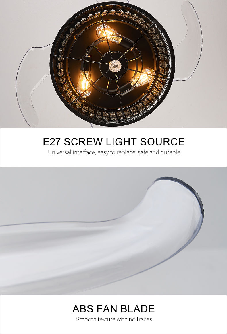 Thumbnail: Mesh Crystal Retractable Fan Light Fixture Remote Dimmable Ventilation Lamp