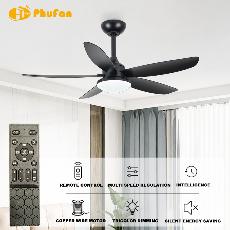 Compact ceiling fan with light and DC motor, three curved black ABS blades shown in a living-room feature illustration.