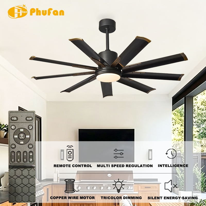Large Black Ceiling Fan with Light - 9 Blades with Gold Tips