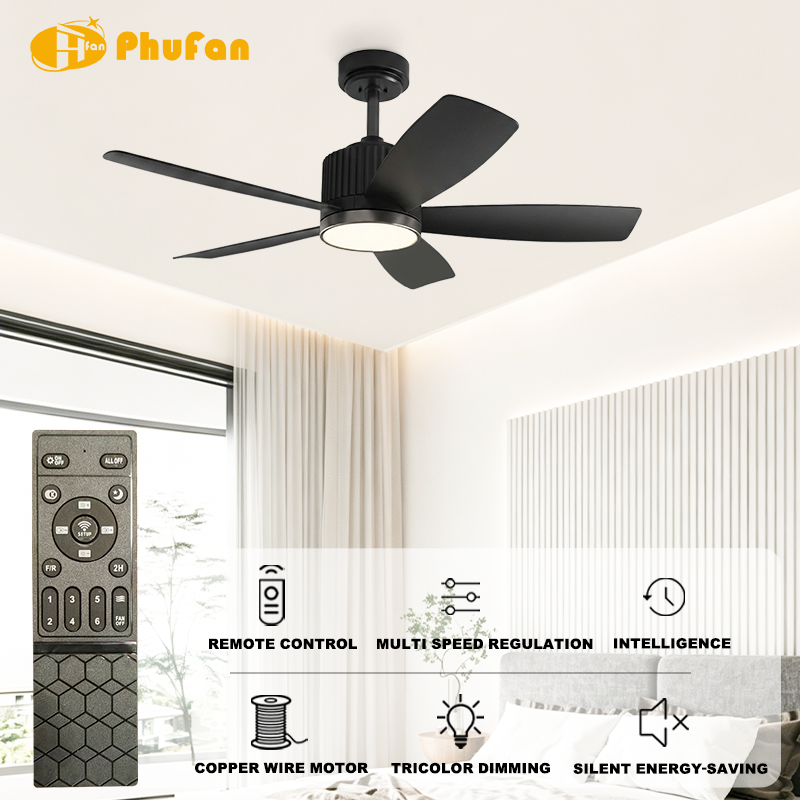 Vertical Rib Motor Housing 5-Blade Ceiling Fan Light Remote Control DC Motor