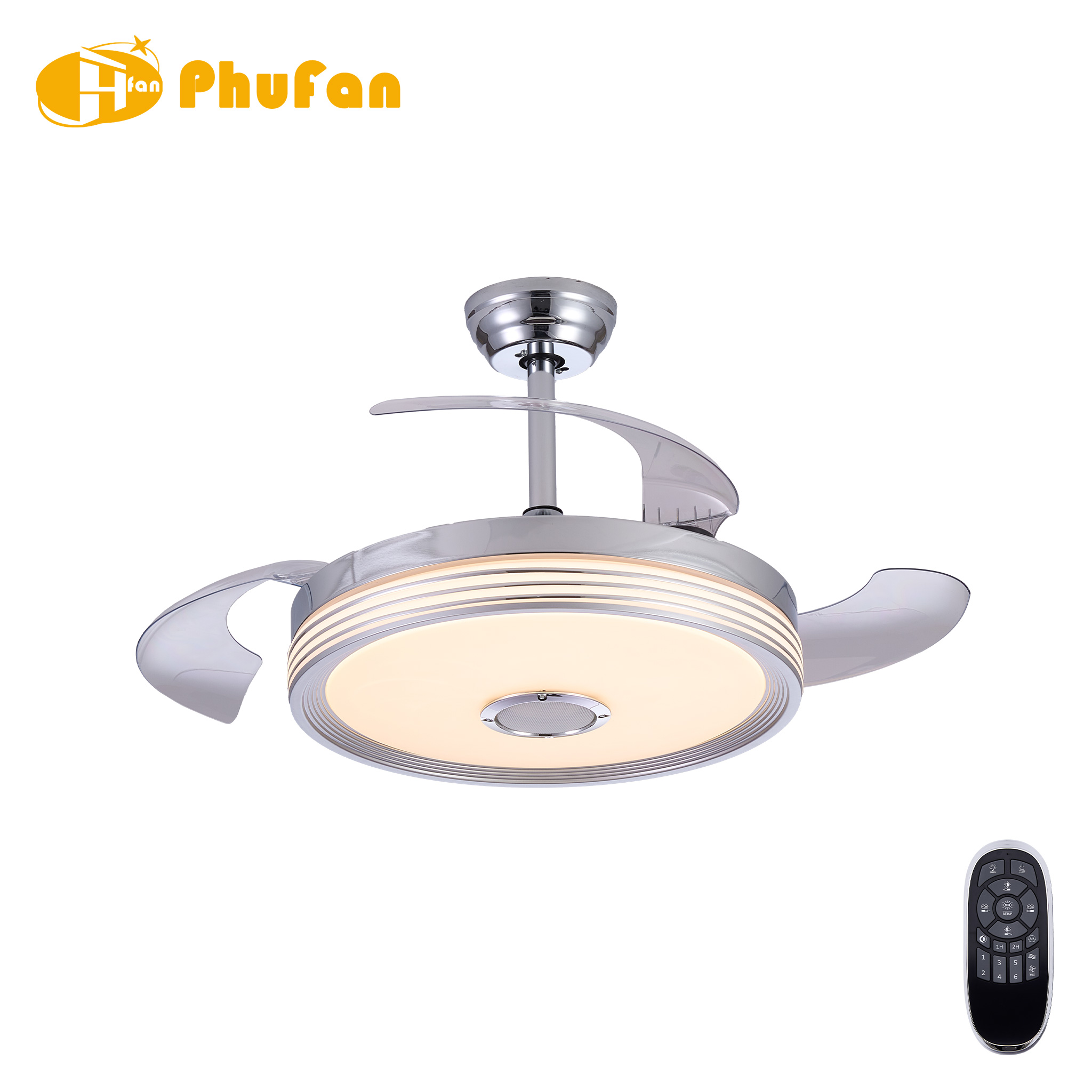 Retractable Ceiling Fan Light With Bluetooth Speaker For Bedroom Dining Room
