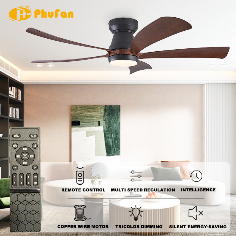 Flush Mount Ceiling Fan with LED Light and Remote - 5 Curved Blades