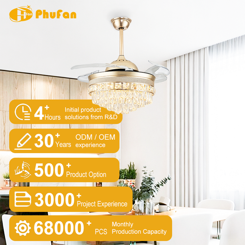 Premium Crystal Fan Lamp with Remote Dimmable for Villa Bedroom