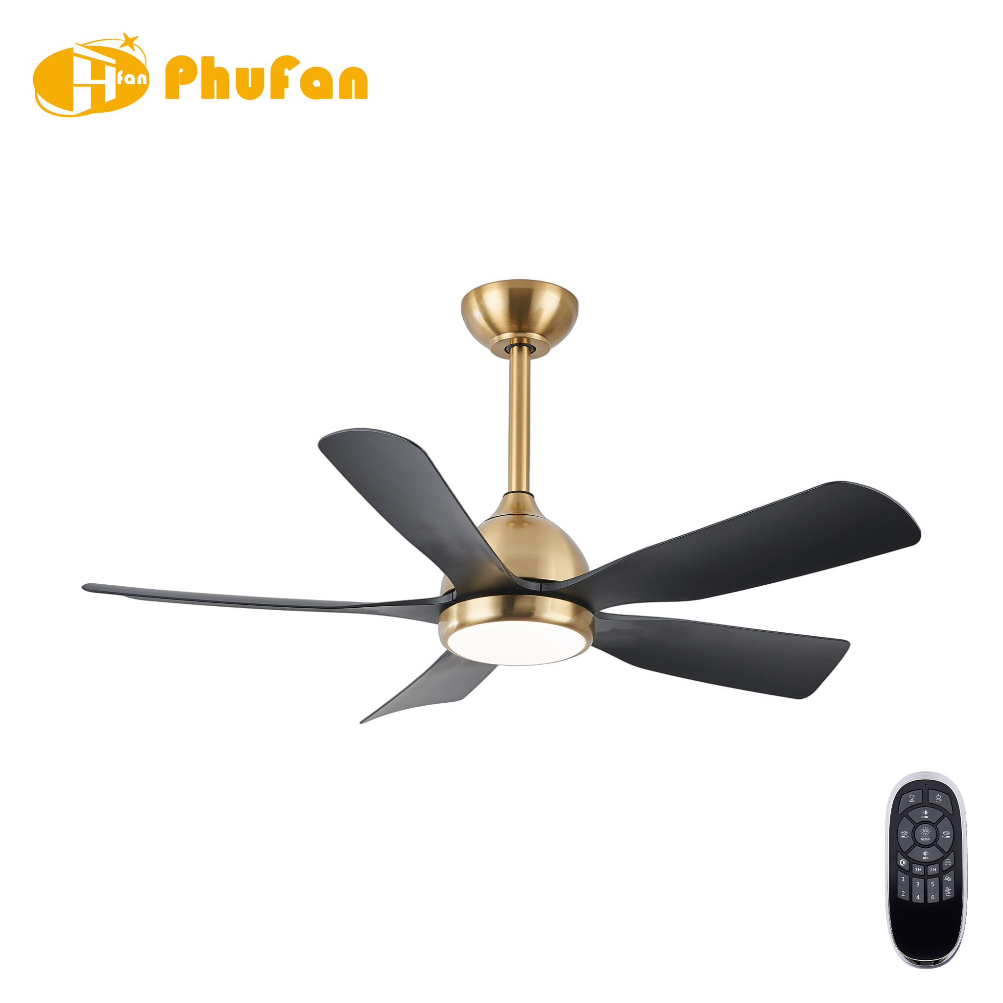 Ceiling fan with light and remote control for dining area, five black ABS blades, gold downrod and round diffuser.
