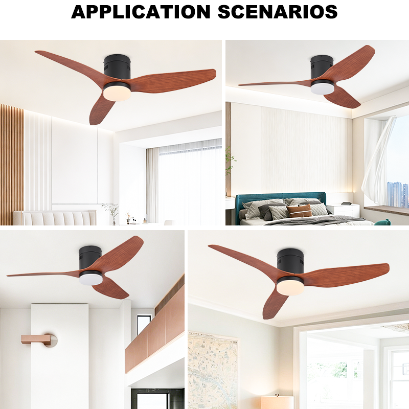 Flush Mount Ceiling Fan with Light - Wood-Grain ABS Blades