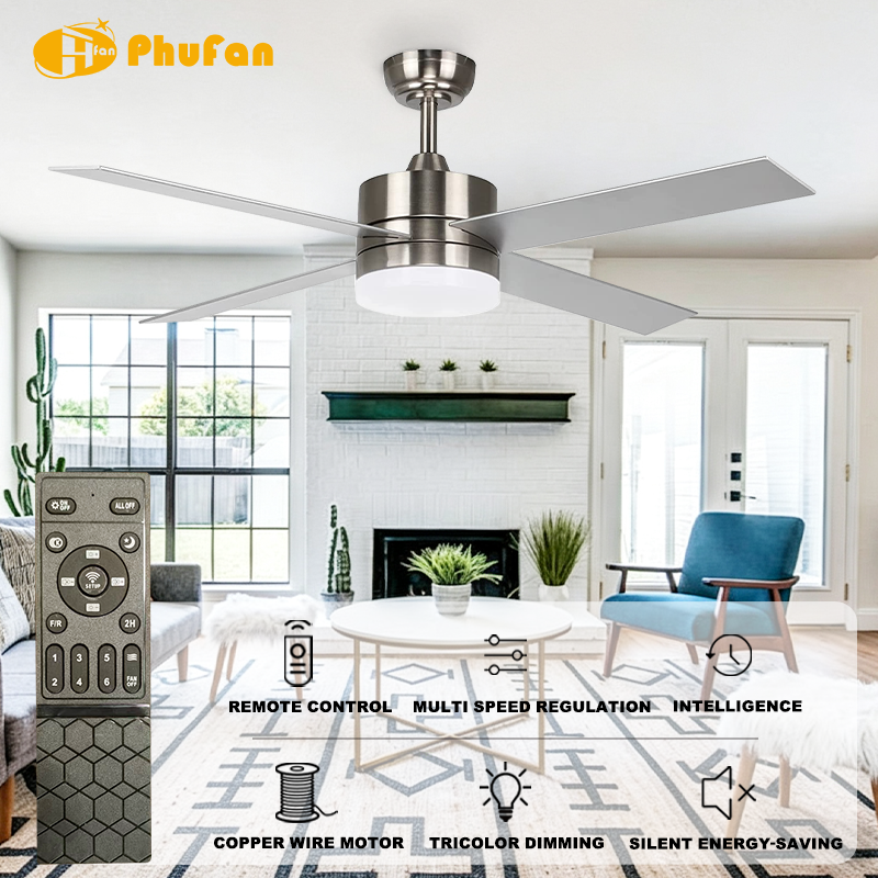 Silver ceiling fan with light for family room, four straight blades and brushed nickel housing in a seating-area illustration.