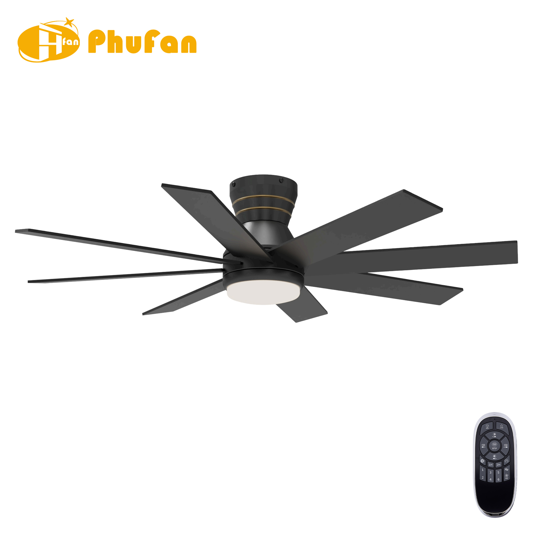 Low profile luxury ceiling fan with light, eight black blades and fine gold rings around the housing.