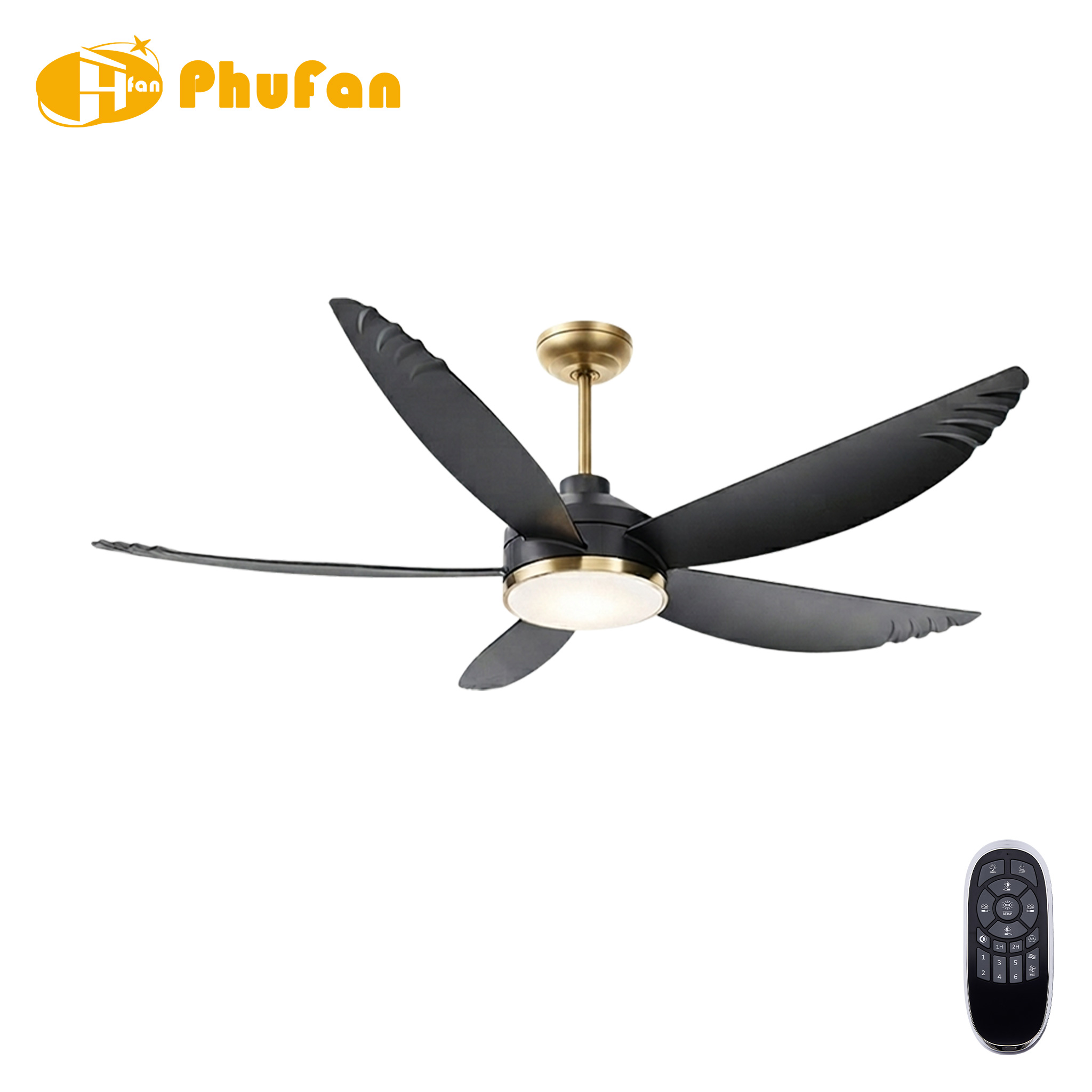 Five ribbed black ABS blades on a fan light with a gold downrod and round diffuser, beside the remote.