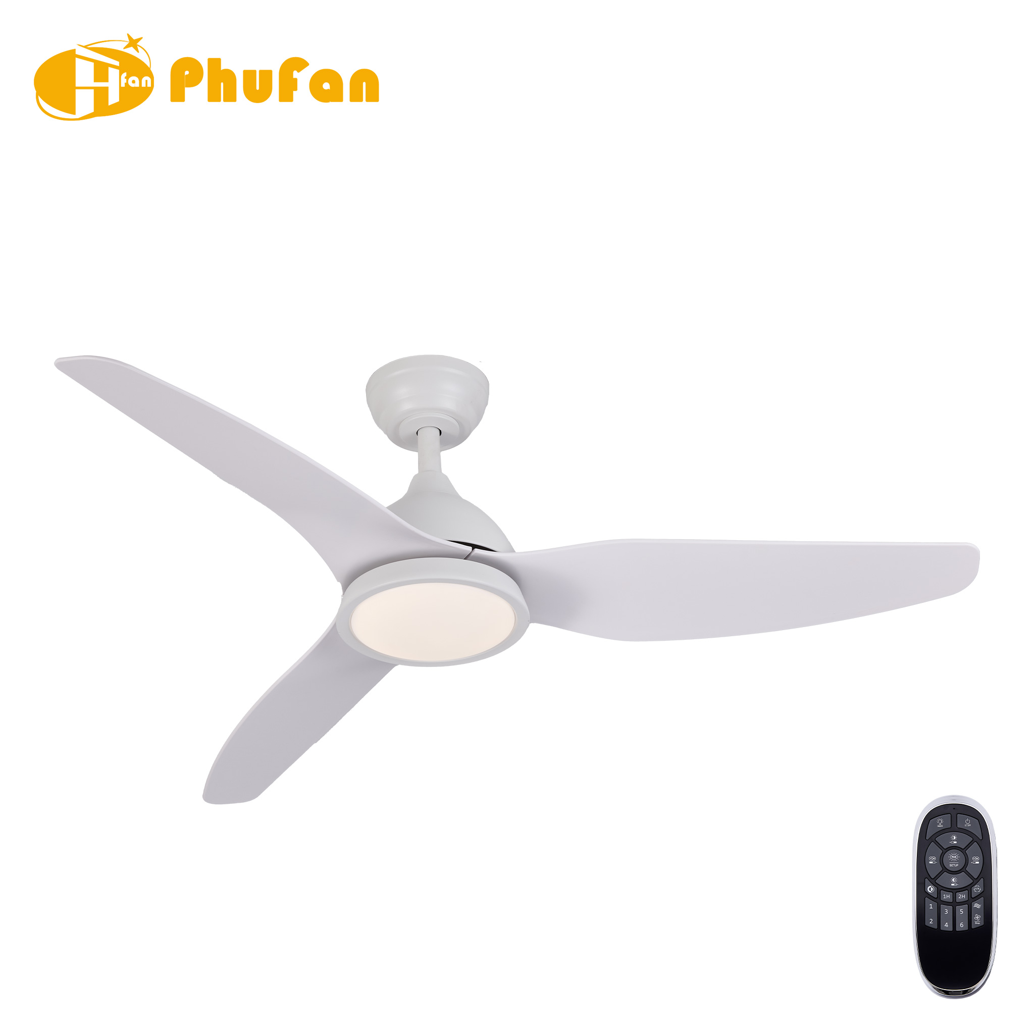 48 inch ceiling fan with light and remote control, three curved white ABS blades and a matching downrod.