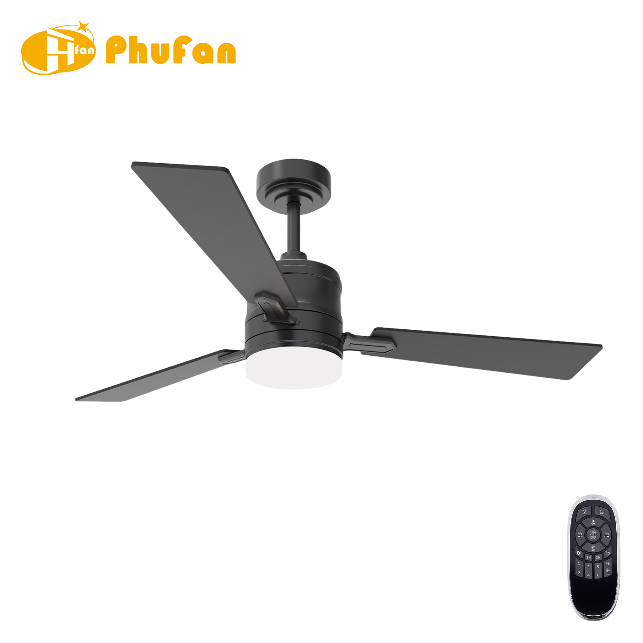 Black three-blade ceiling fan with a round LED light and short downrod, pictured beside its remote.