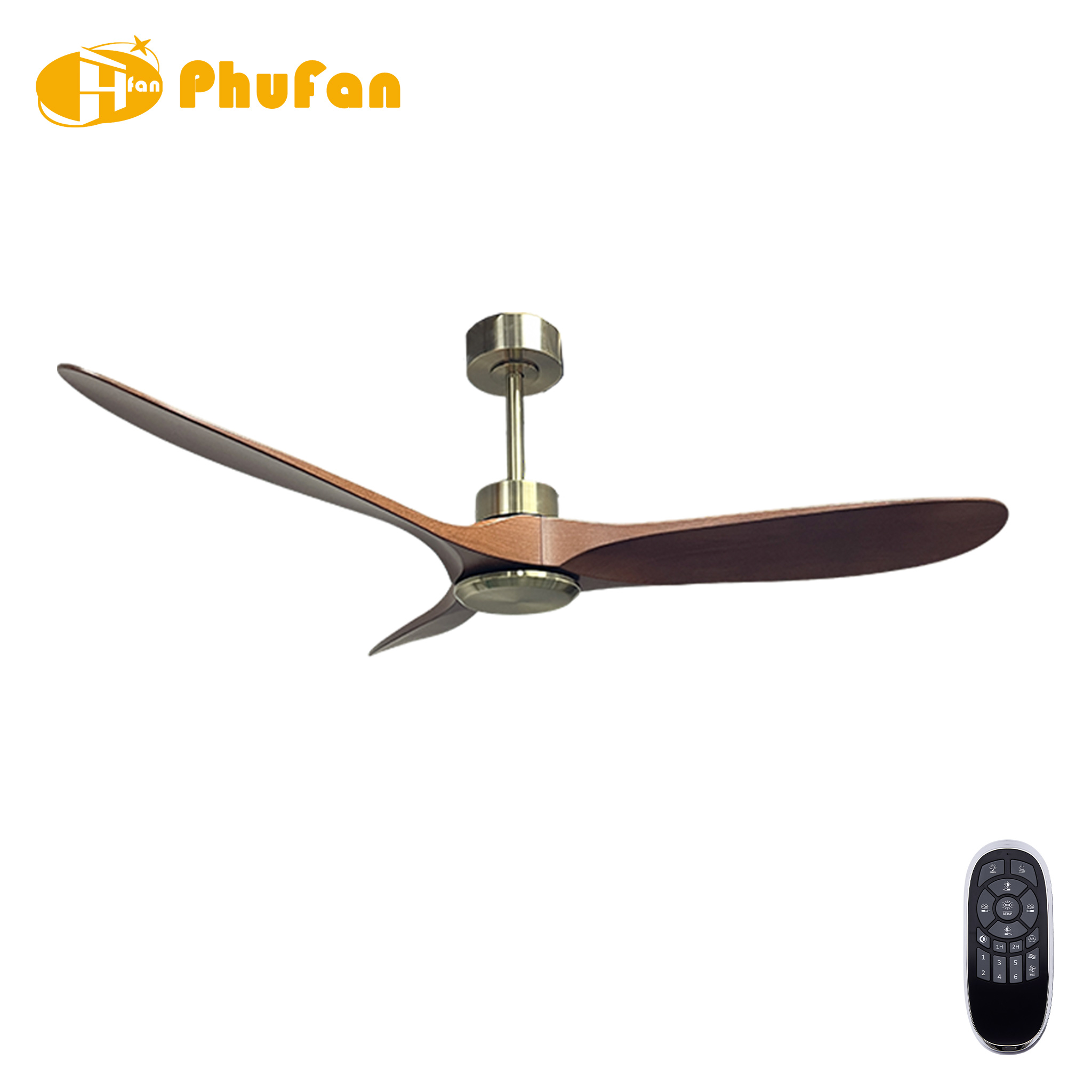 Three hand-carved solid-wood blades on a brass ceiling fan without a light, shown beside its remote.