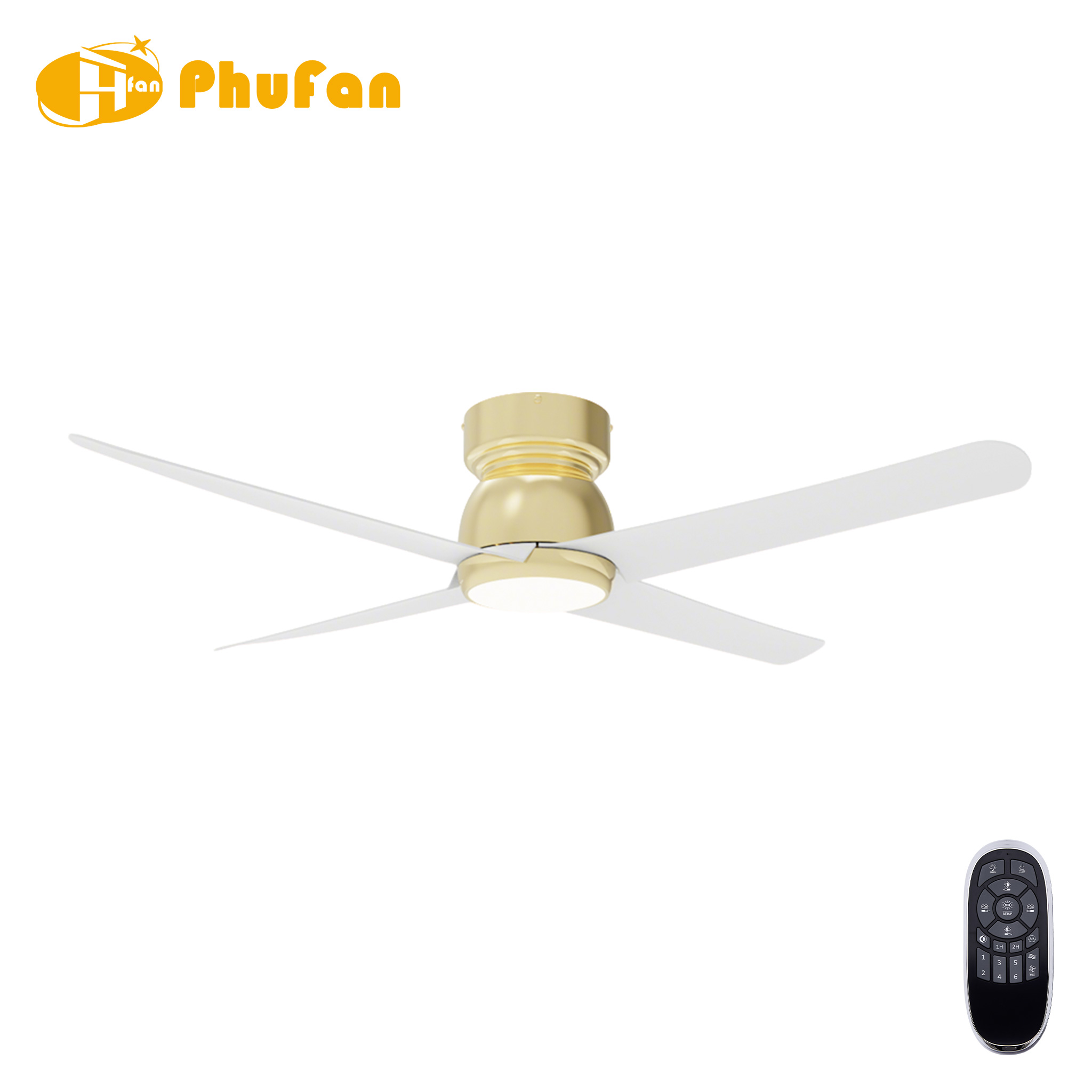 Flush mount gold ceiling fan with light, five white blades and a gold-colored low-profile housing.