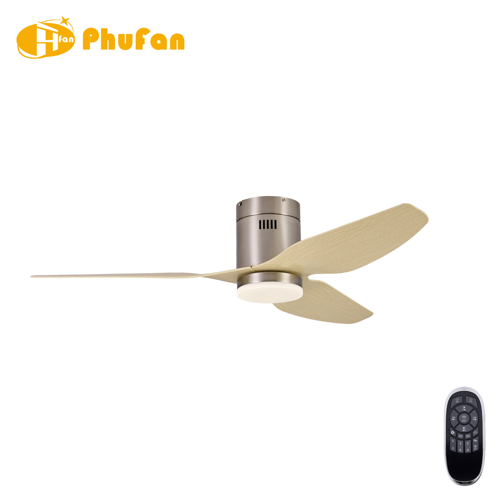 Low profile Scandinavian ceiling fan with light, brushed nickel housing and three light wood-grain ABS blades.