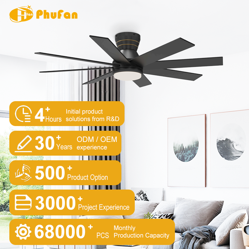 Flush mount luxury ceiling fan with light above a sofa in a promotional living room illustration.