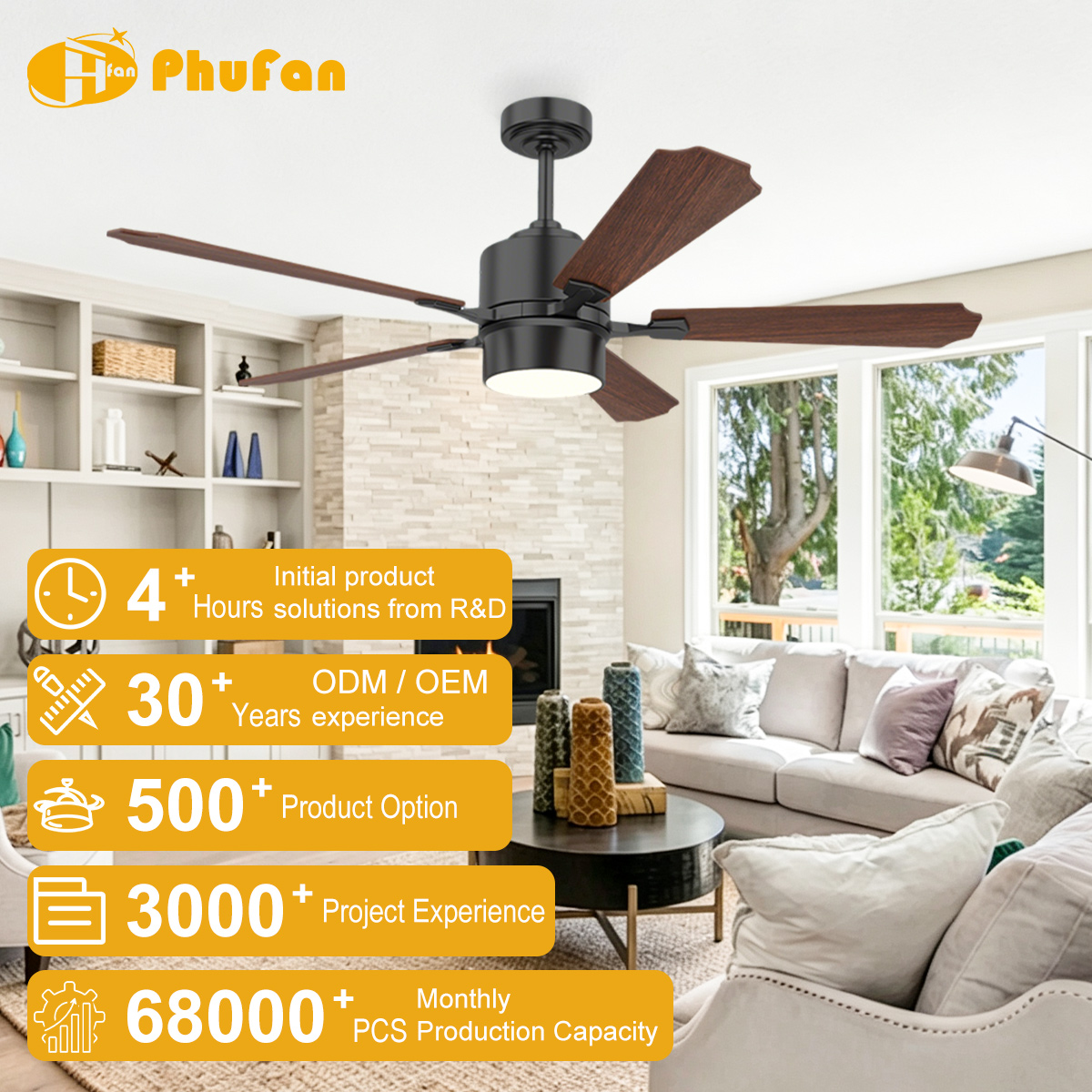 5 Blade Ceiling Fan Light Dark Wood Grain Blades For Bedroom Living Room