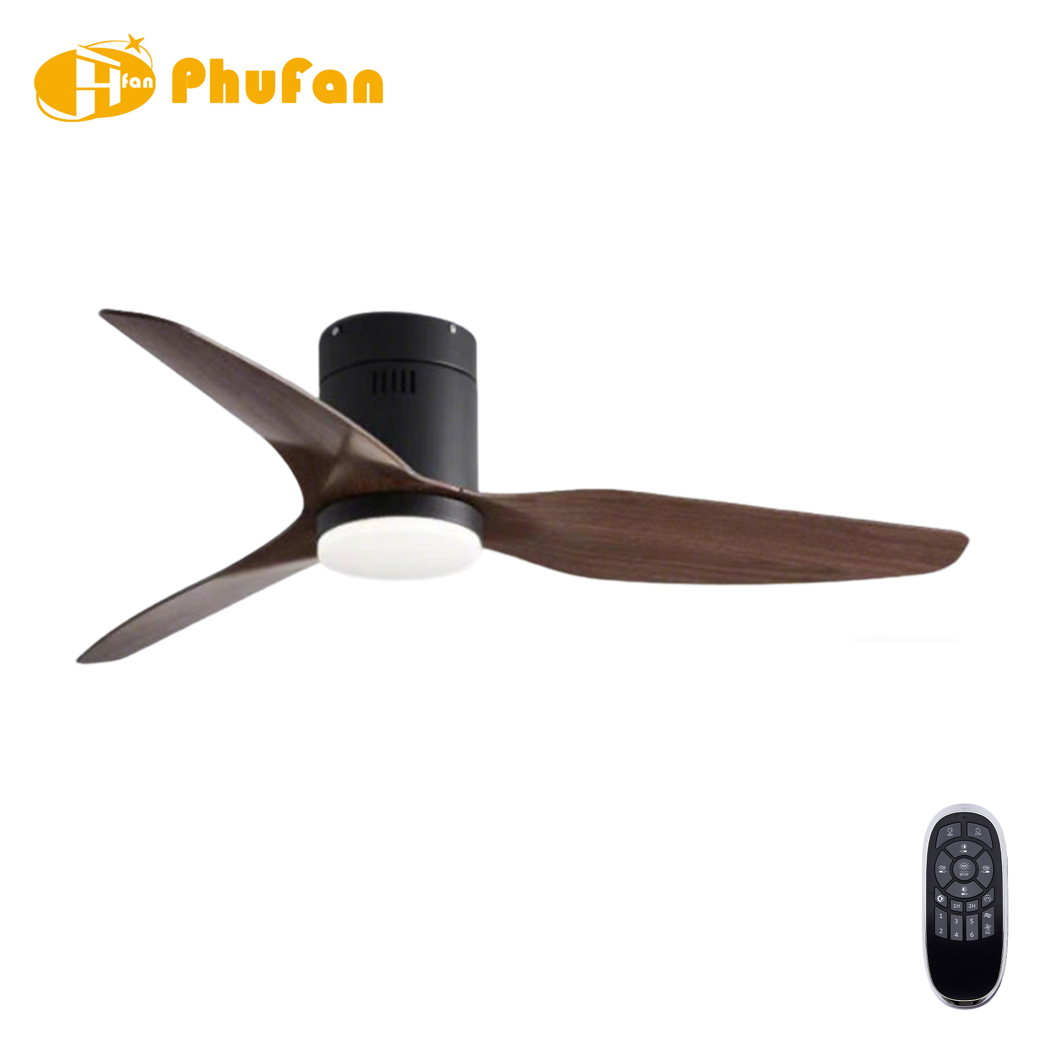 3 Blade Flush Mount Ceiling Fan Light, Dark Wood Plywood Blades DC Motor