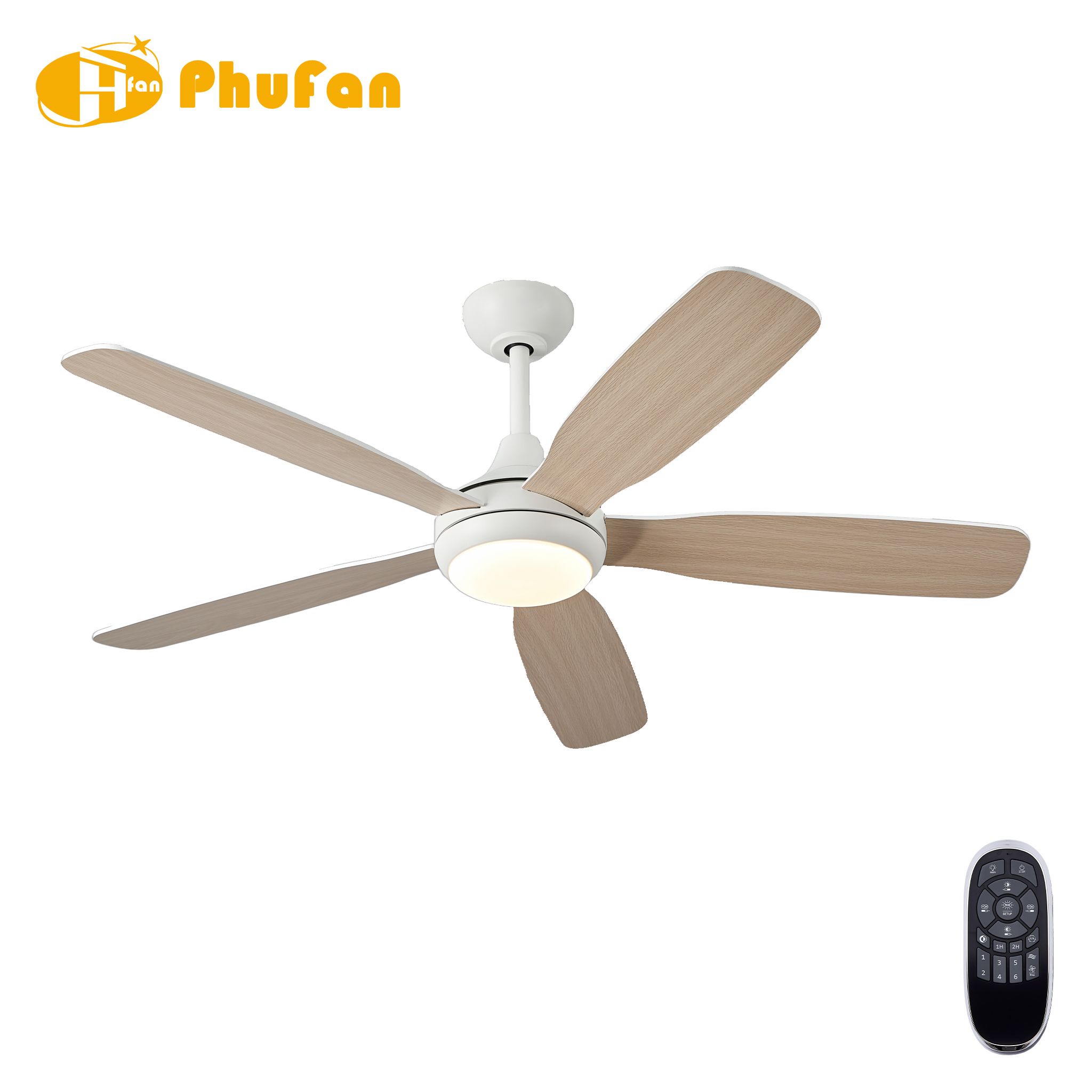 Five pale wood-tone blades on a white fan light, with a round diffuser and a handheld remote.
