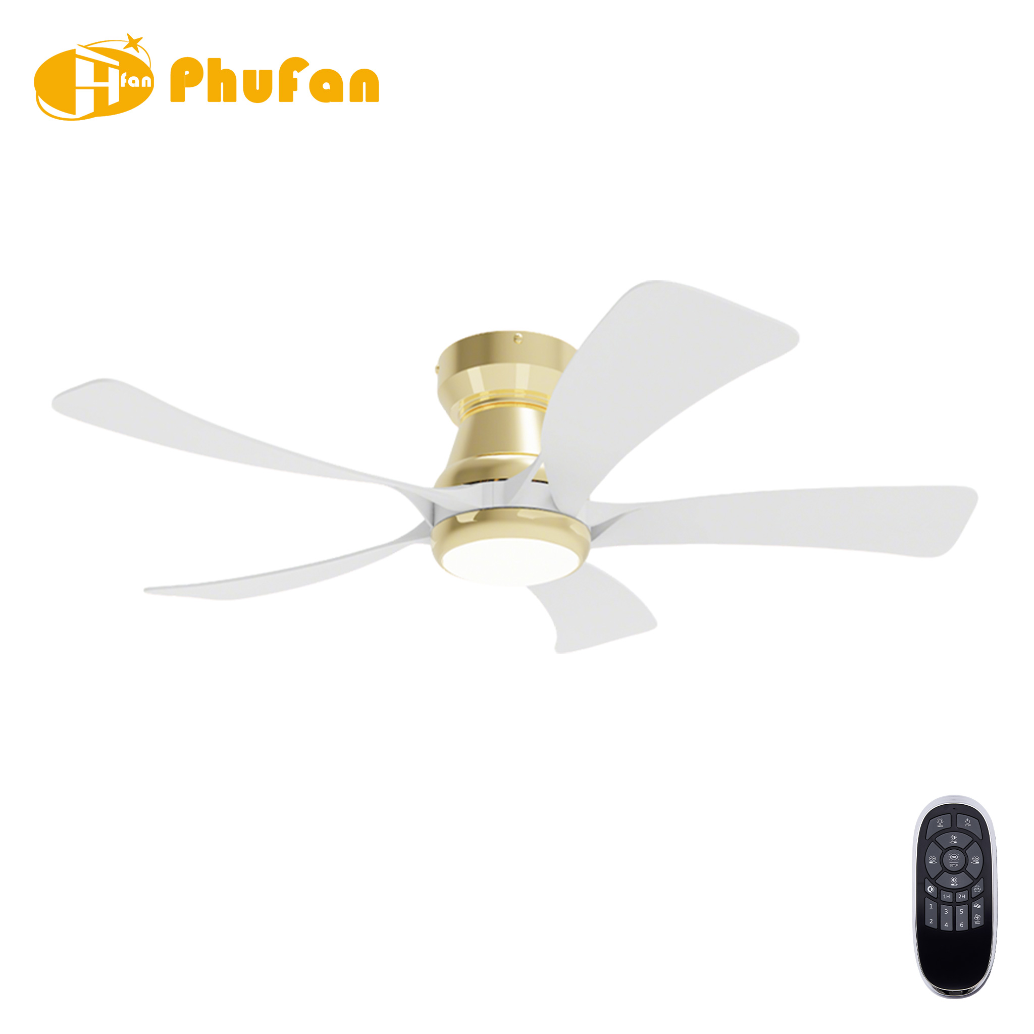 Gold flush-mount fan light with five broad white blades and a round LED diffuser, pictured beside its remote.
