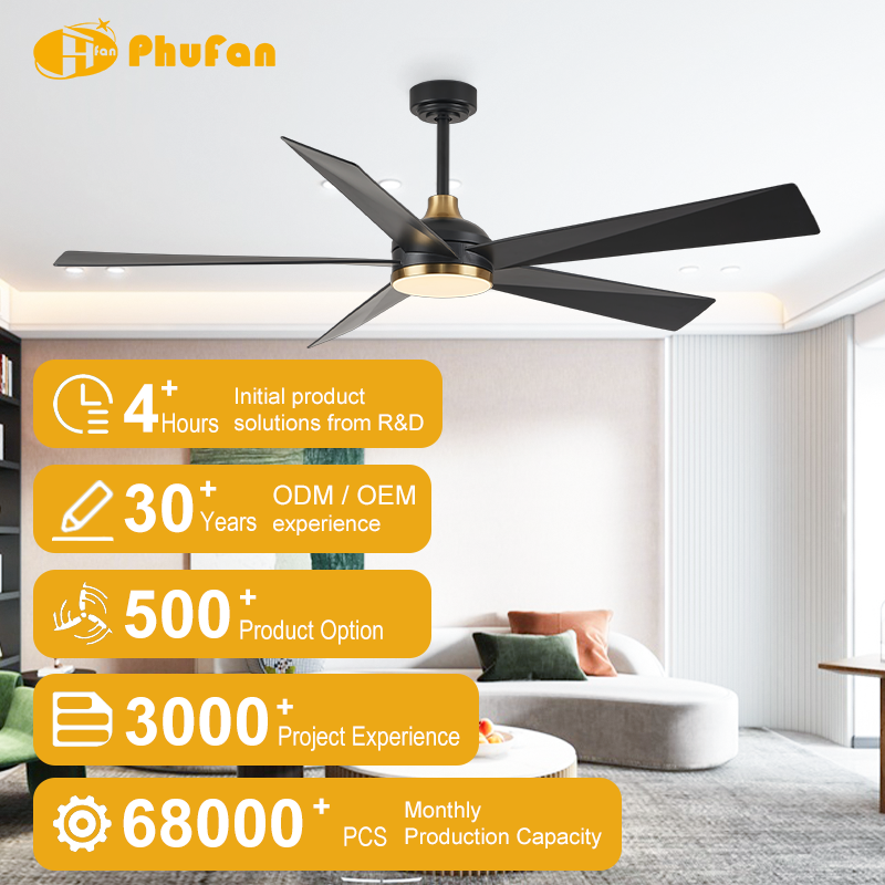Contemporary ceiling fan with light for living room, angular black blades and brass accents pictured above a gray sofa.