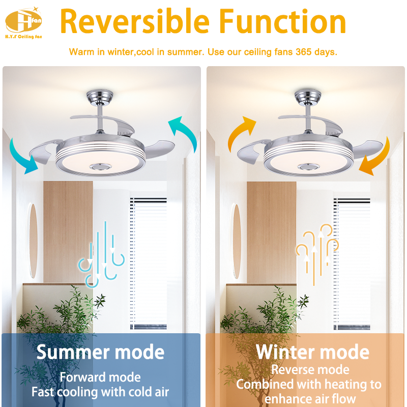 Retractable Ceiling Fan Light With Bluetooth Speaker For Bedroom Dining Room