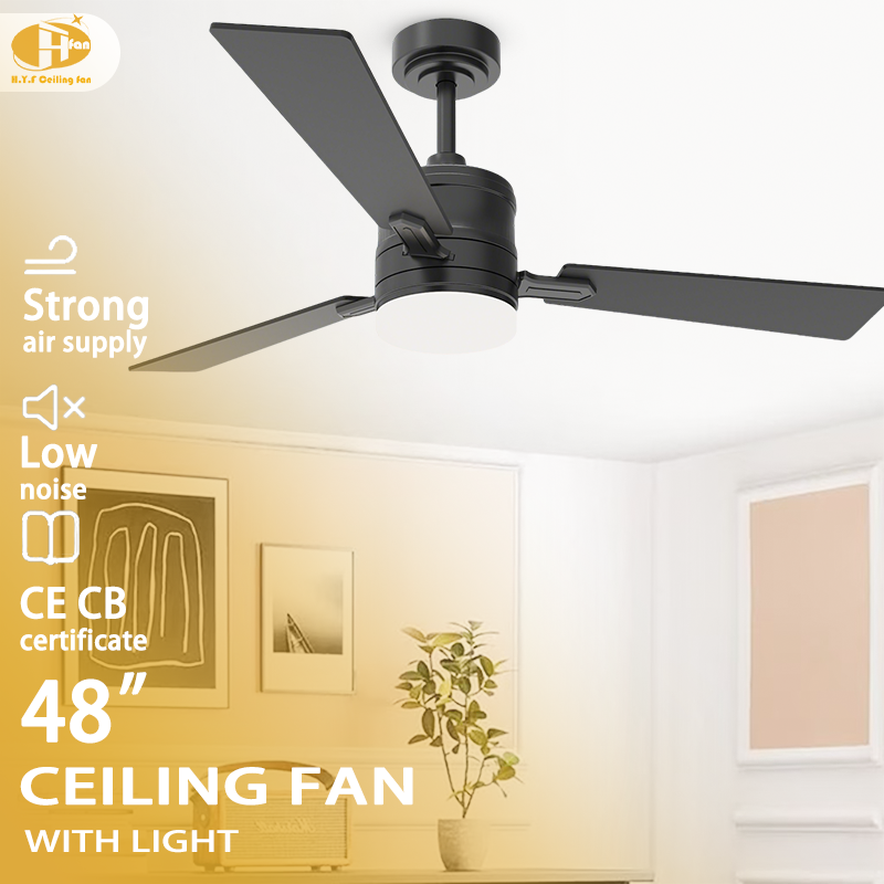 Black ceiling fan with light for living room, three straight blades pictured above a sofa in an interior illustration.