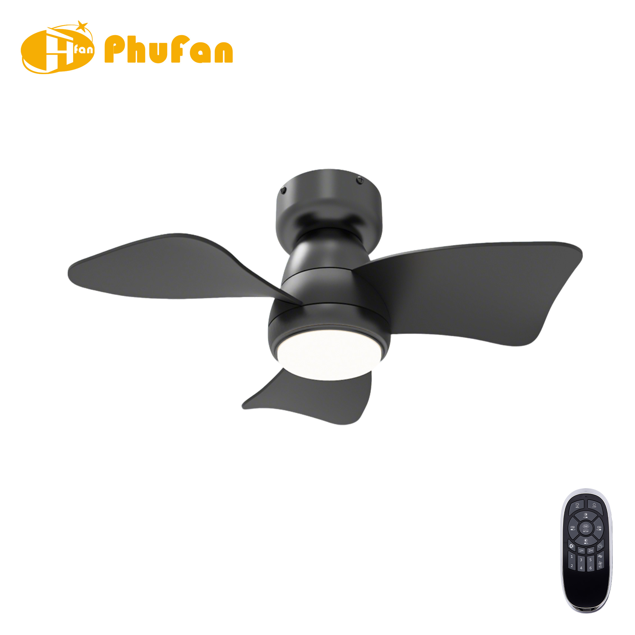 All-black compact fan light with three broad ABS blades and a flush-mount housing, pictured with its remote.
