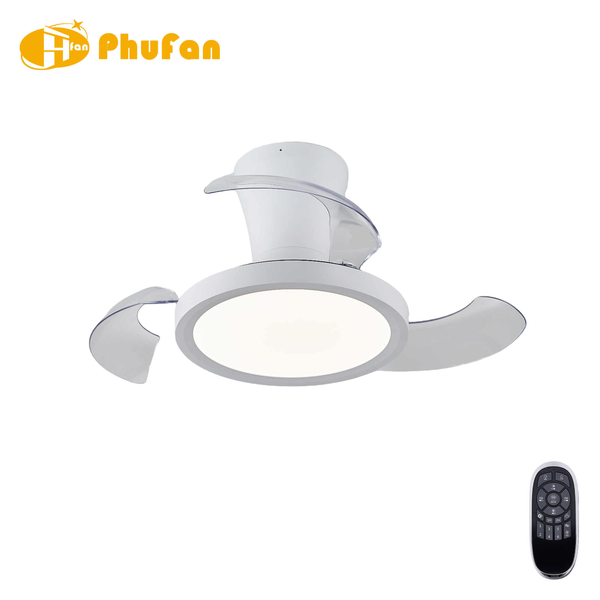 Hugger white ceiling fan with light, round white lamp body with clear blades shown extended.