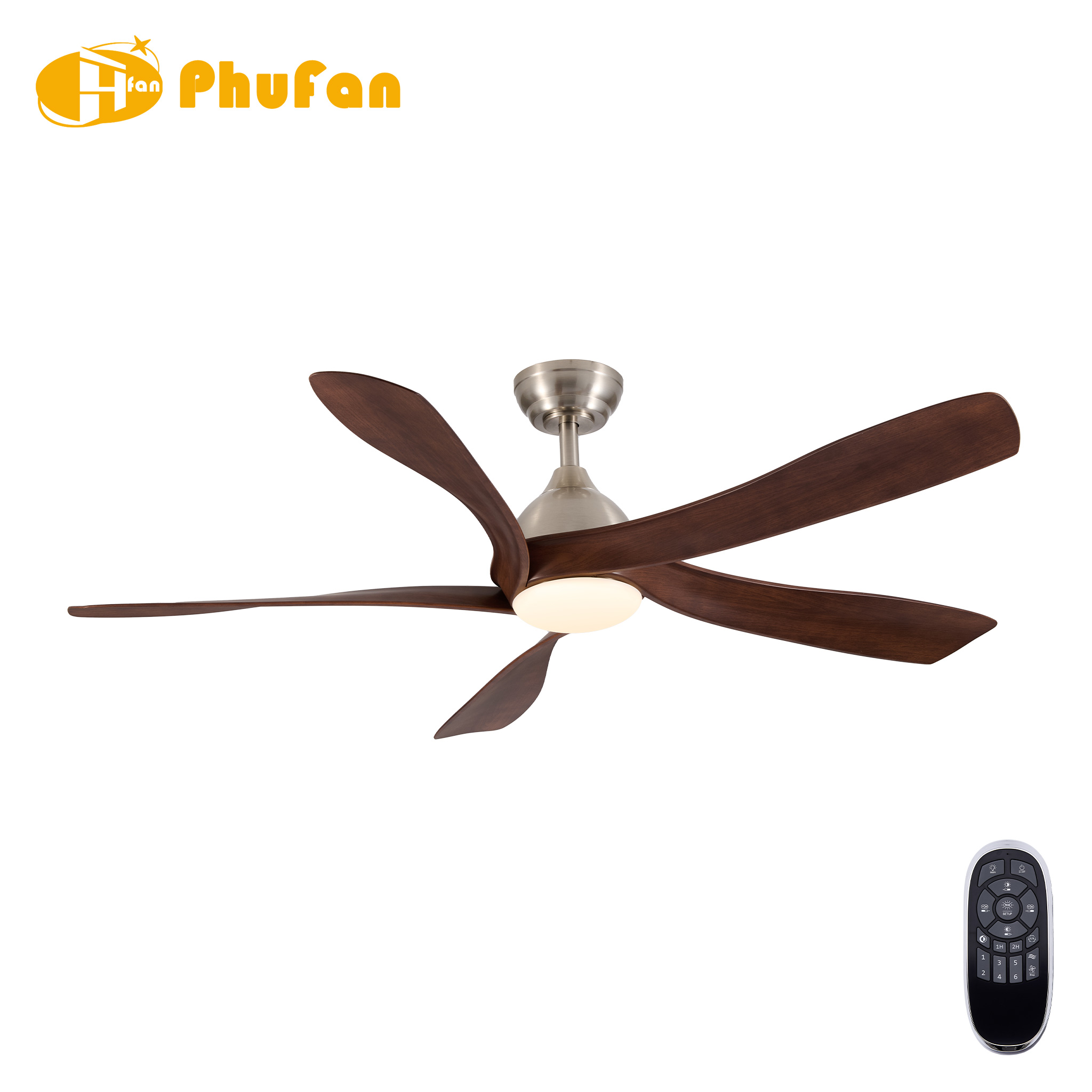 Vintage ceiling fan with light and DC motor, five walnut-finish ABS blades and brushed nickel housing, beside a remote.