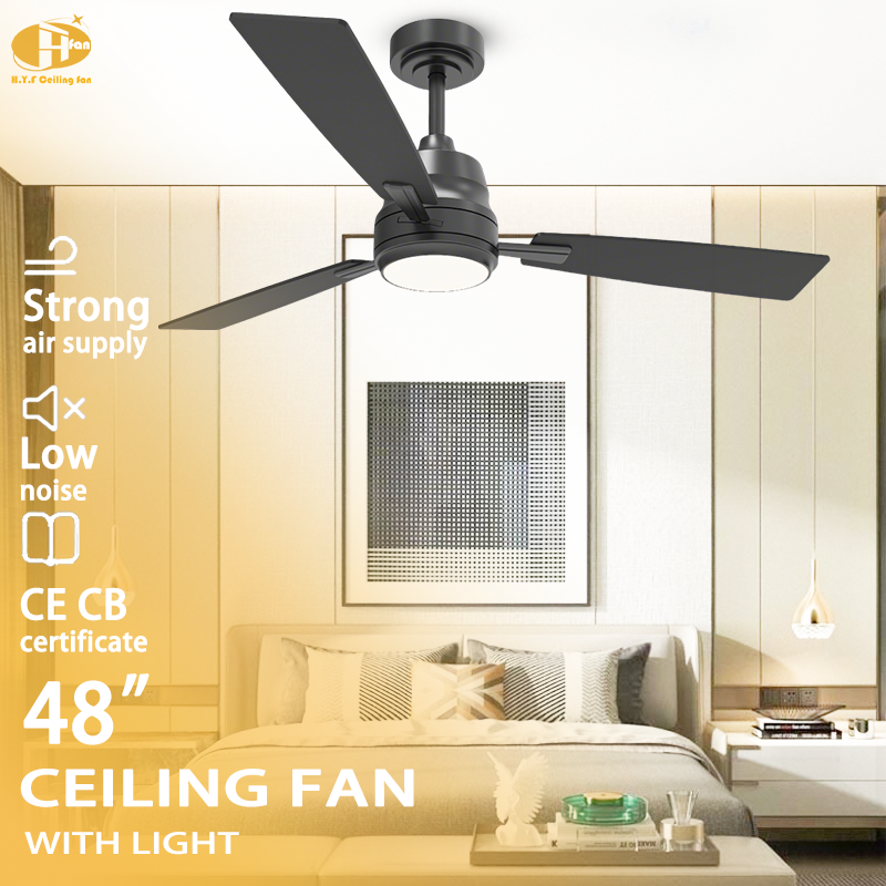 48 inch ceiling fan with light and remote control, black three-blade design in a bedroom size graphic.