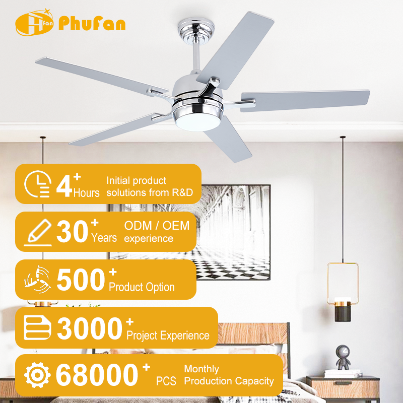 Silver ceiling fan with light for bedroom, chrome housing and five blades above a bed in an interior illustration.