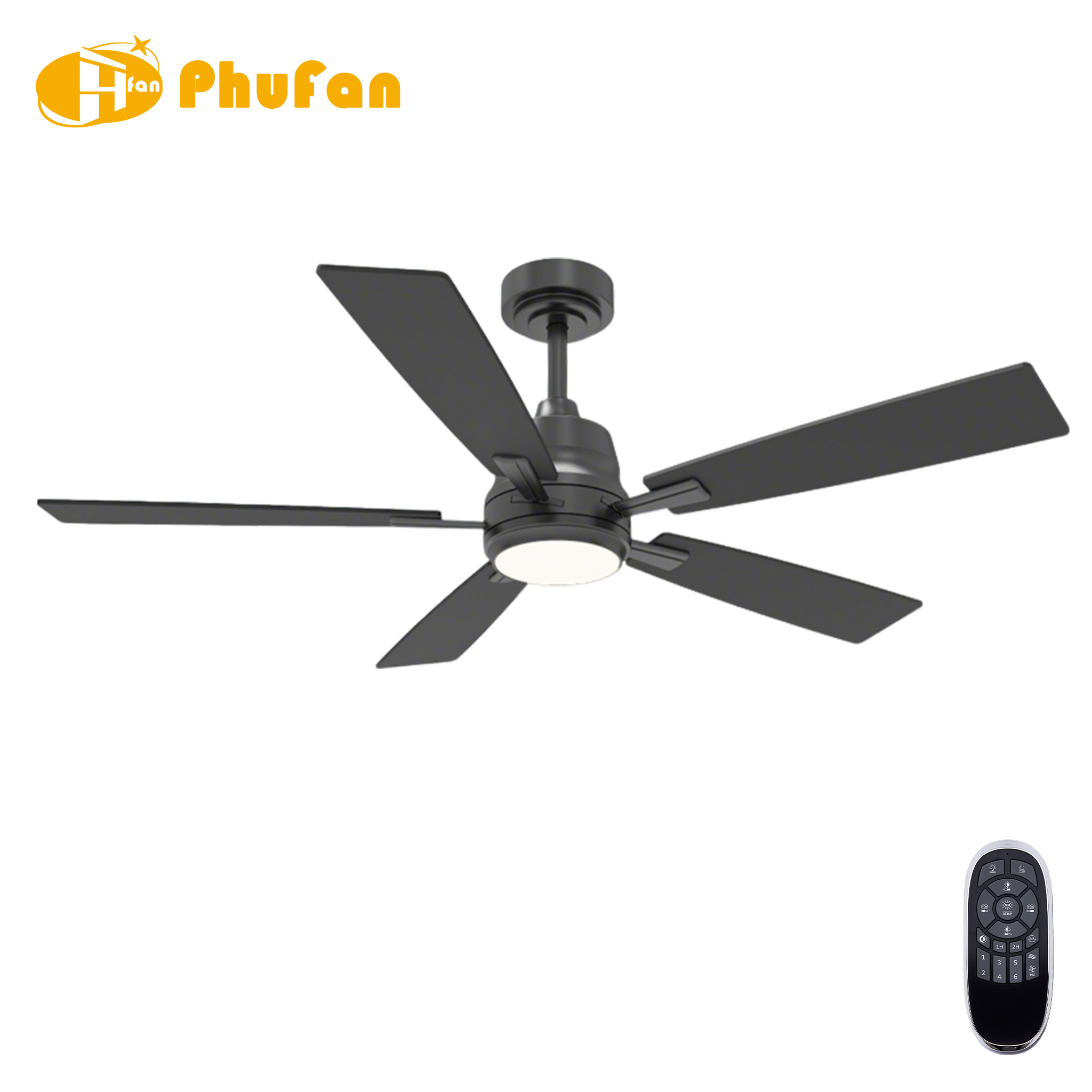 Five black ABS blades on a black fan with an integrated round LED light, shown beside the remote.