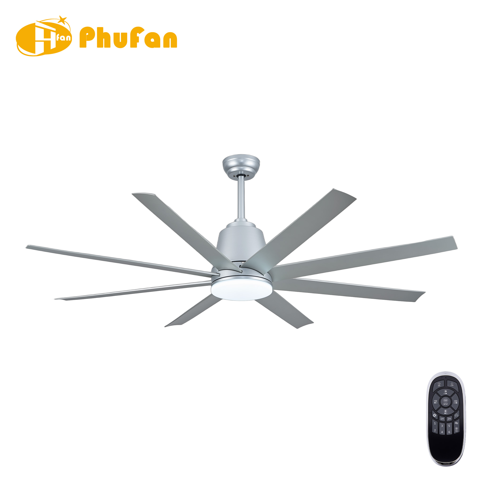 Silver ceiling fan with light and remote control, eight long blades and a matching downrod on a white background.