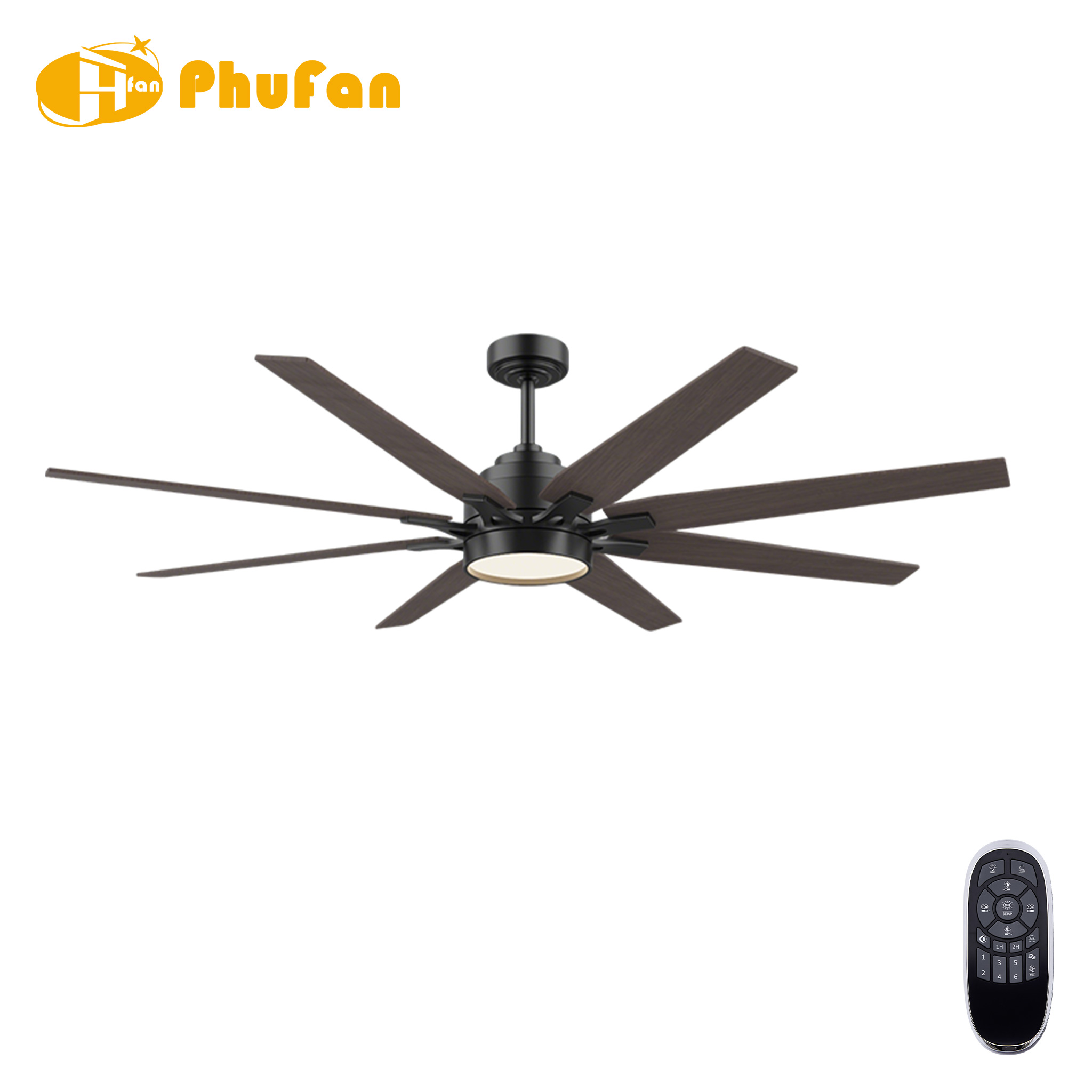 Eight long wood-grain blades on a large black fan with a round LED light and downrod, shown beside its remote.