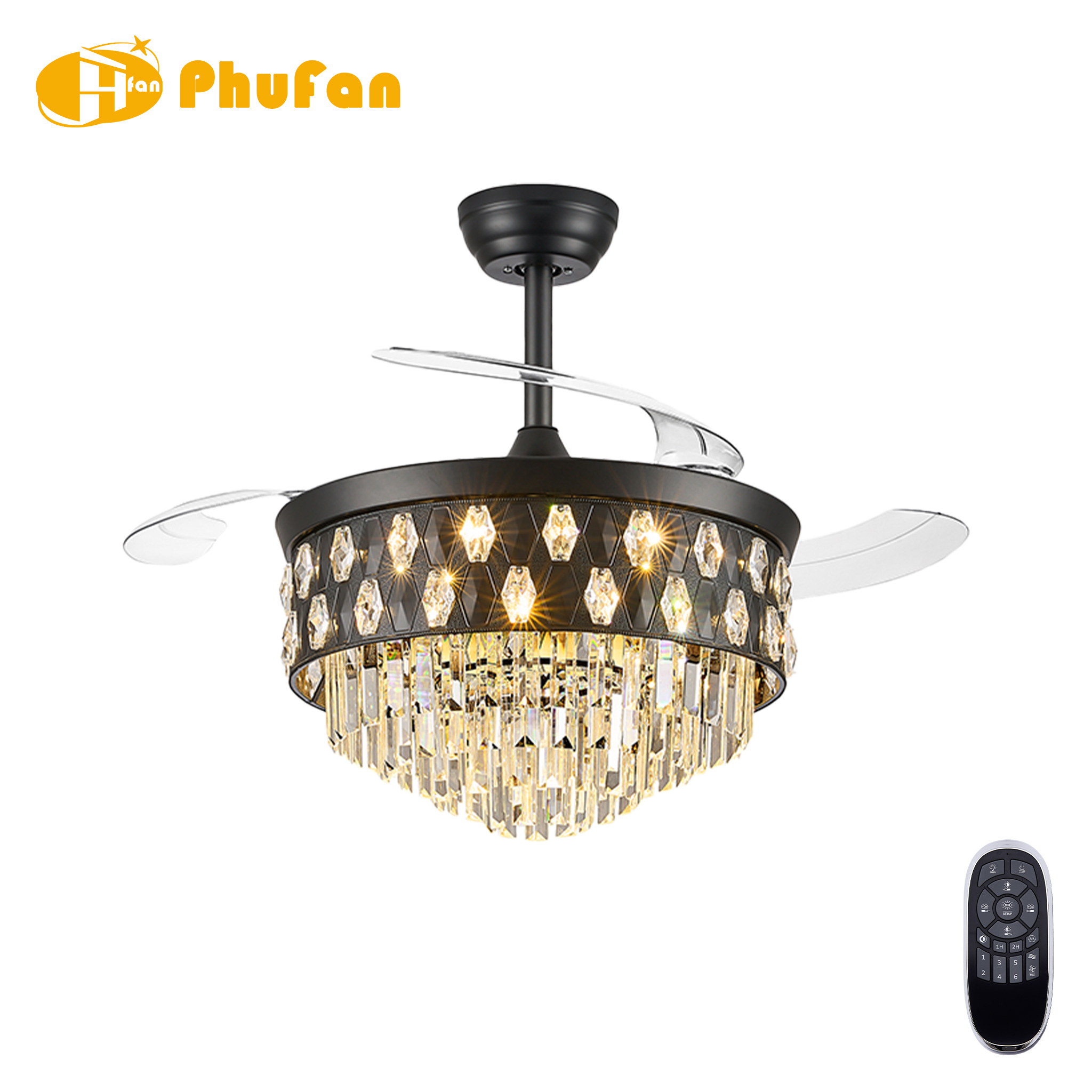 Luxury Crystal Retractable Ceiling Fan Remote Control DC Motor for Dining Room