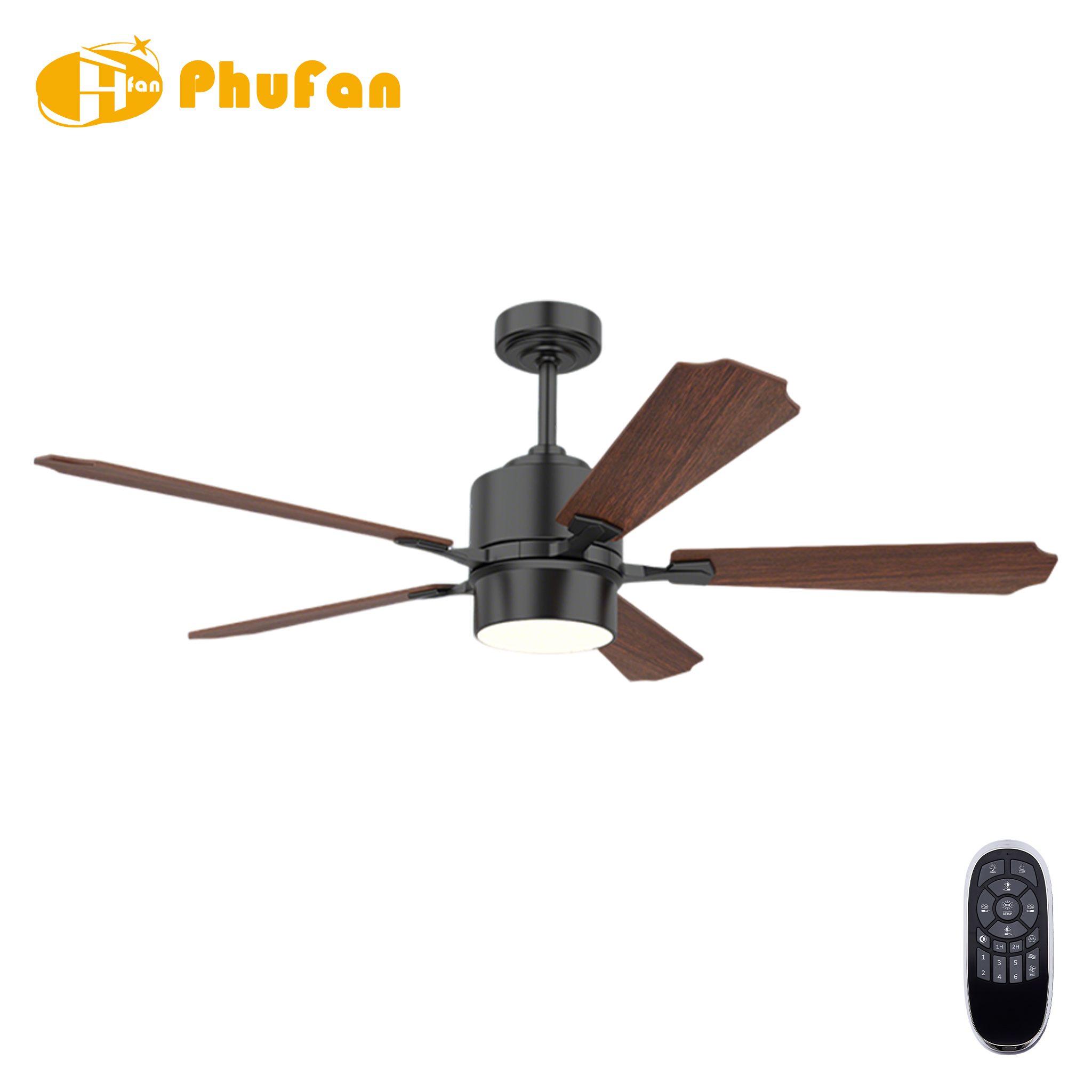 Industrial ceiling fan with light for bedroom, five dark wood-grain blades and a black downrod on a white background.