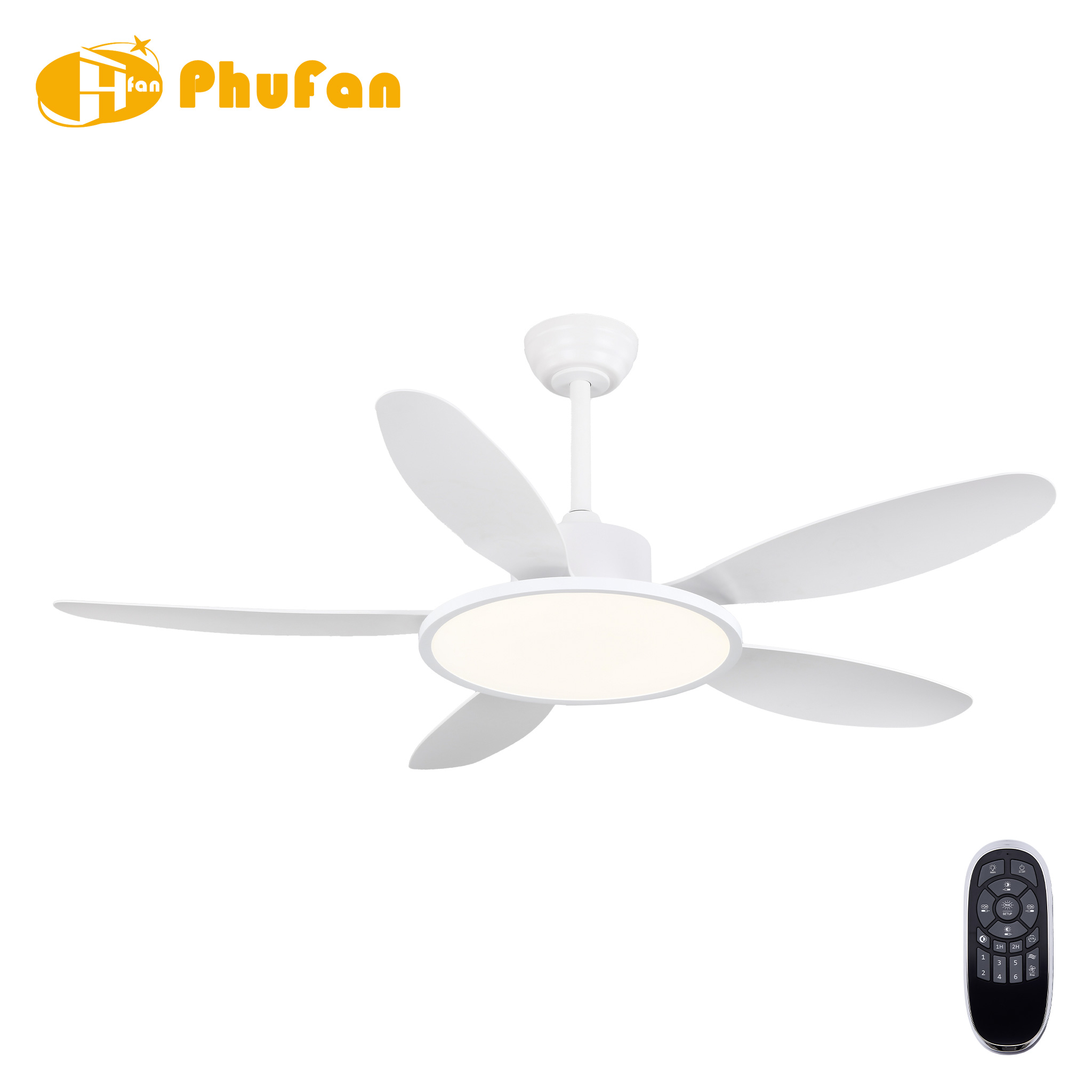 All-white fan light with five curved ABS blades and a broad round LED diffuser, shown beside its remote.