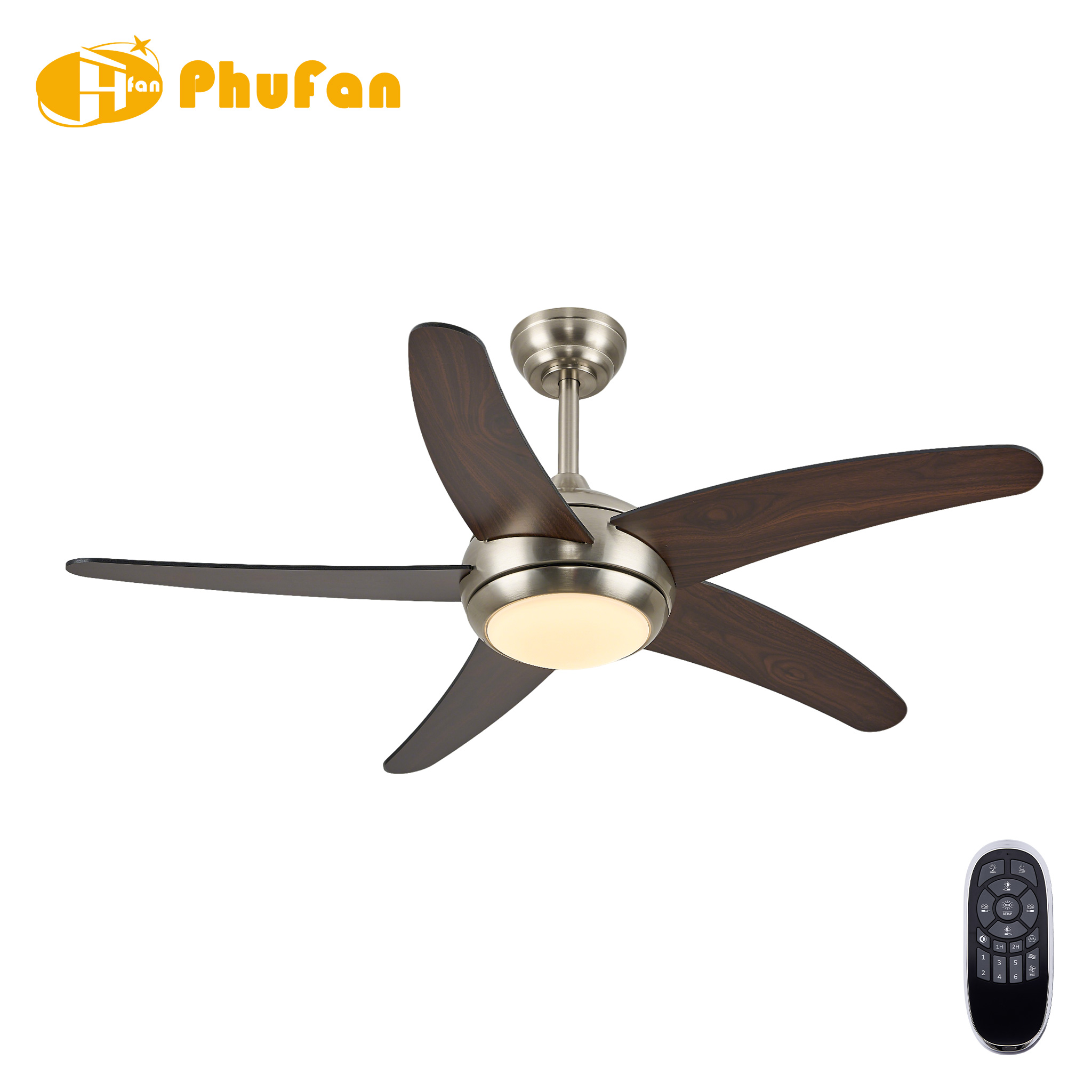 Retro Ceiling Fan with Light - Wood-Grain ABS Blades and Nickel Housing