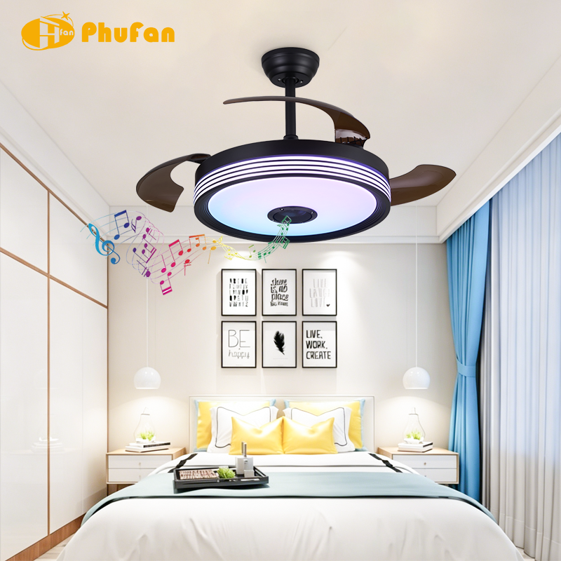 Retractable Ceiling Fan Light With Bluetooth Speaker For Bedroom Dining Room