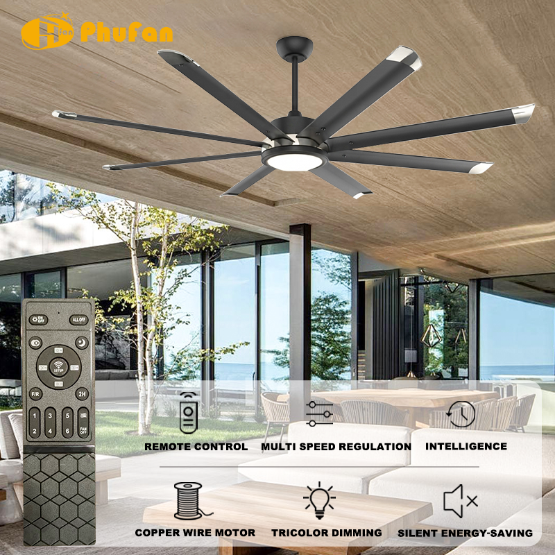Large Ceiling Fan with Light - 8 Black Blades with Silver Tips