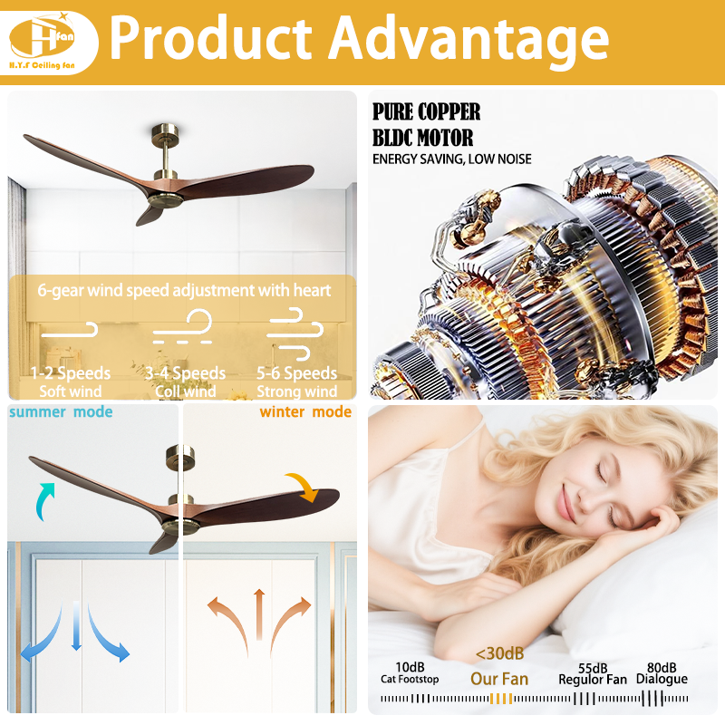 Solid Wood Silent Ceiling Fan Without Light Forward & Reverse Airflow for Hotel