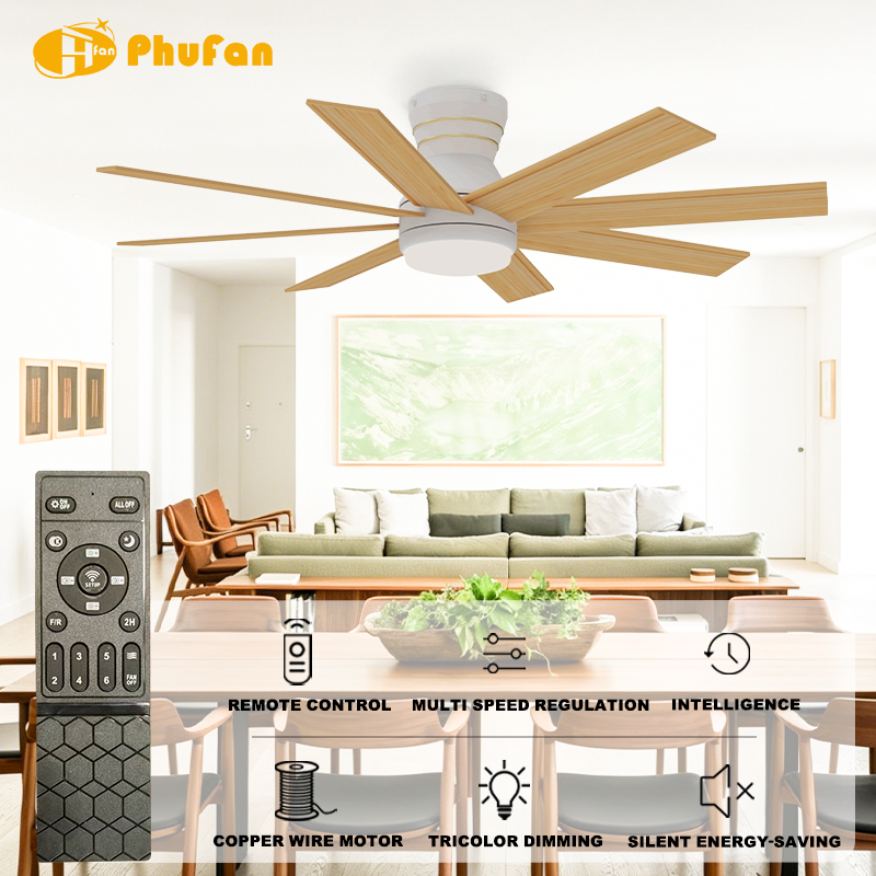 Low profile ceiling fan with light for dining area, eight pale wood-grain blades and white housing above a table.