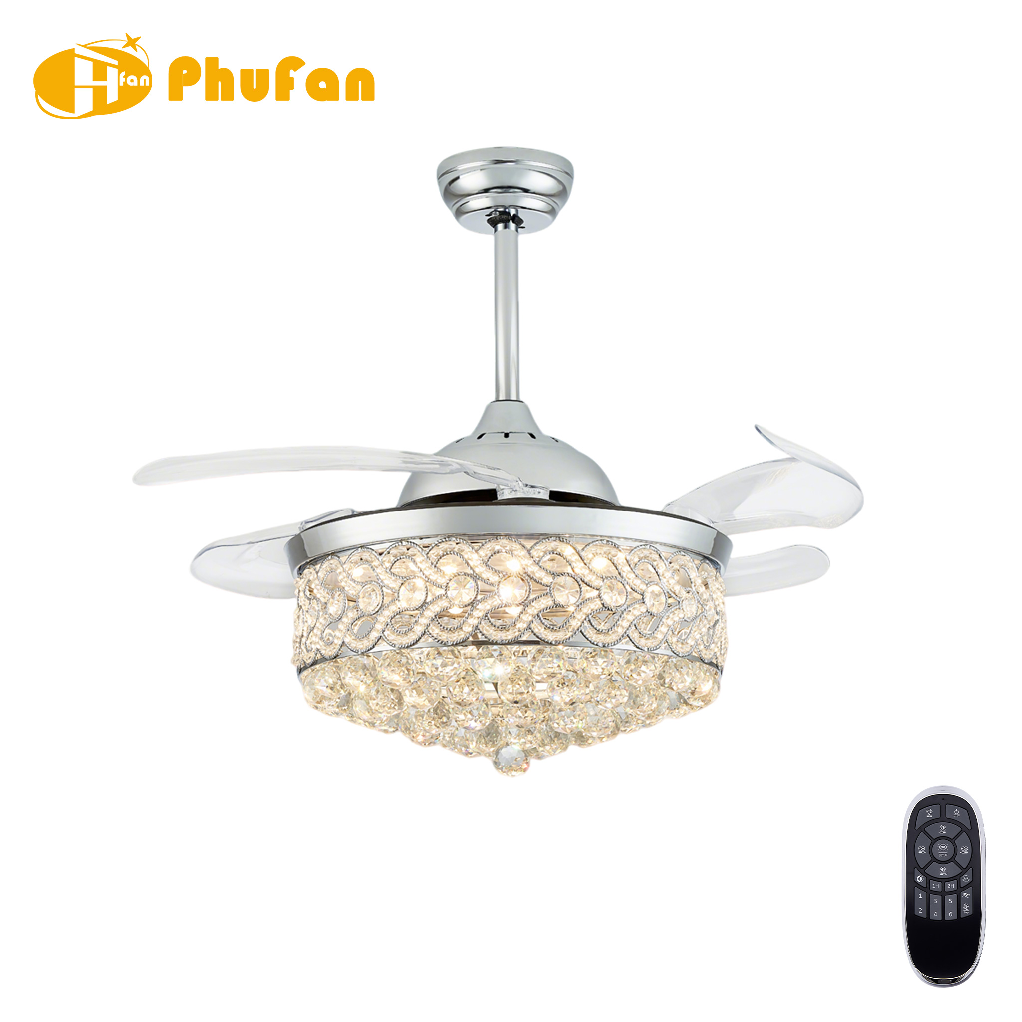 Chrome crystal fan light with clear retractable blades, an ornate open crystal frame and layered pendants, beside a remote.