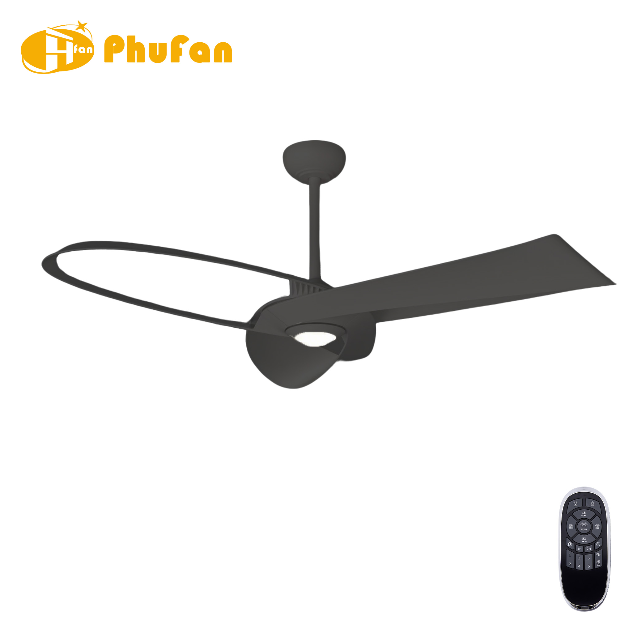 Matte black fan light with sculpted open-loop blades, pictured beside a handheld remote on a white background.